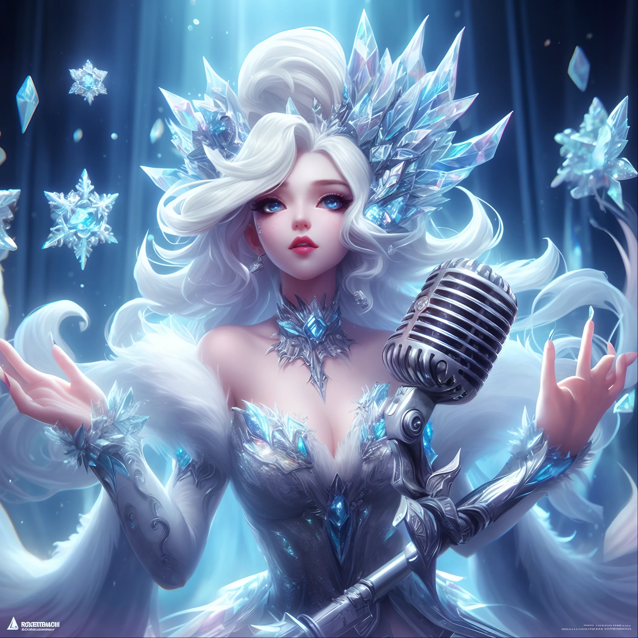 uma mulher em um vestido branco segurando um microfone e um corpo coberto de neve, Rainha do gelo e da tempestade, Feiticeira do Gelo, rainha do gelo, Modelo IG | Artgerm, deusa do inverno, Rainha do Inverno, Artgerm extremamente detalhado, como visto no Artgerm, pele cristalina, estilo de Artgerm, Artgerm e RossDrew