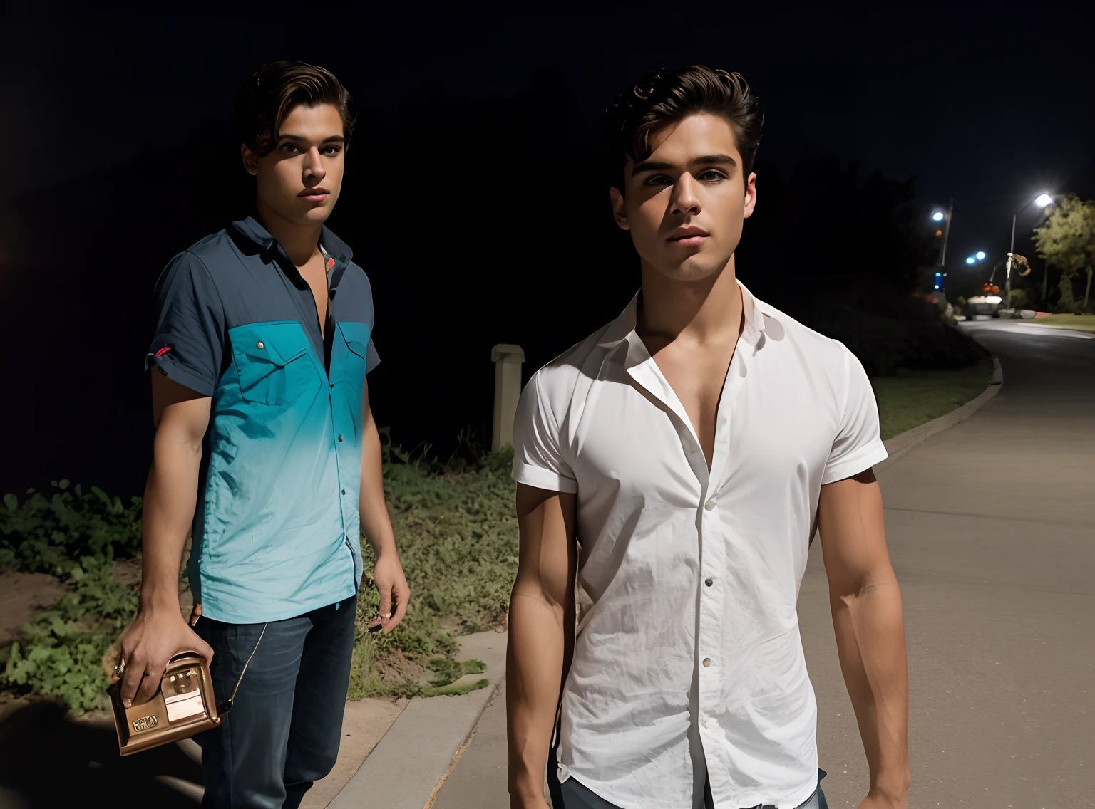 two men standing on a sidewalk at night with one holding a purse, high quality film still, two young men, wide film still, film still dnd, an film still, promotional image, zac retz, promotional still, film promotional still, alex miranda, promo still, movie film still, profile shot, music video, still from a music Boy with coffee futuristic background realisti c realistic face 8k ultra HD