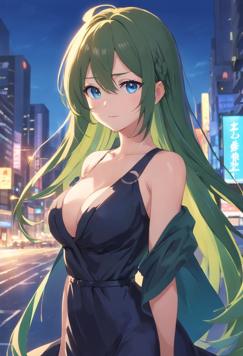 cropped shoulders、Black full dress、、Black and long hair、Blue eyes that glow suspiciously、Crystal clear white skin、tmasterpiece，top-quality，optimum，offcial art，Beautiful and aesthetic however, At first, He was startled by what he saw、coquetry、dual horsetail、Dull hair、adolable、Lori huge breasts cleavage、Vampires、huge tit、A sucker、idoly、Gradient pupils、transparent costume