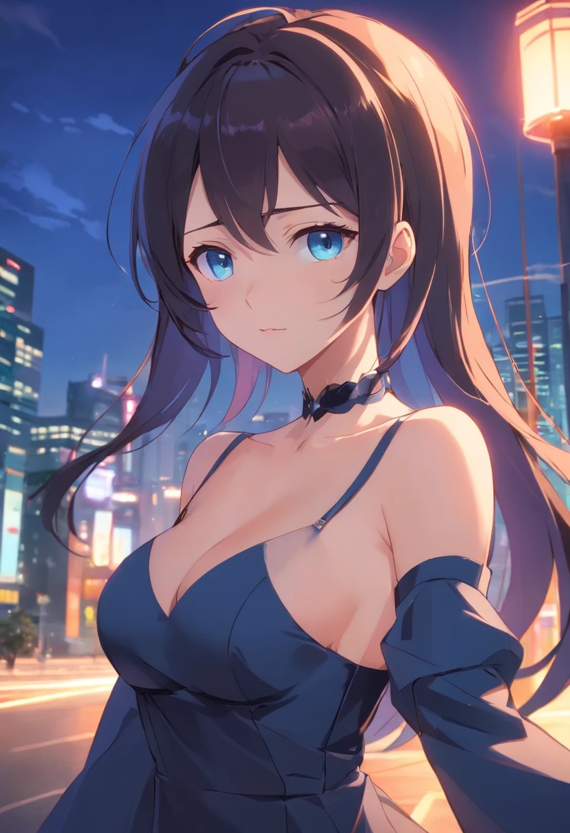 cropped shoulders、Black full dress、、Black and long hair、Blue eyes that glow suspiciously、Crystal clear white skin、tmasterpiece,top-quality,optimum,offcial art,Beautiful and aesthetic however, At first, He was startled by what he saw、coquetry、dual horsetail、Dull hair、adolable、Lori huge breasts cleavage、Vampires、huge tit、A sucker、idoly、Gradient pupils、transparent costume
