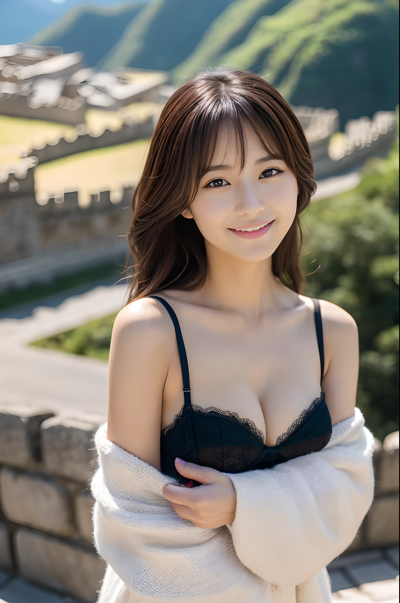 KPOP、Korean female、fair skin、A detailed eye、Japan Beautiful Woman、full bodyesbian、(The background is the Great Wall of China)、gravure model、cute smile face、The background is a World Heritage Site、The background is the Great Wall of China、Gravure Beauty、dressed casually、(A Japanese Lady:1.3)、(The background is the Great Wall of China:1.3)、((top-quality、8k、masterpiece:1.3))、foco nítido:1.2、Perfect Body Beauty:1.4、((dark brown hair))、(natural soft light、Background is Machu Picchu:1.1)、Highly detailed facial and skin texture、A detailed eye、二重まぶた、(((dynamic ungle)))、short-hair、A Japanese Lady、cleavage of the breast