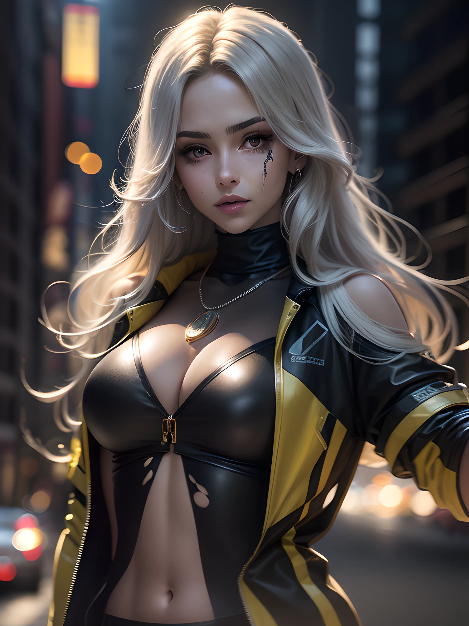 tmasterpiece, beste-Qualit, the most beautiful Mexican 1girl 25 years old, (photo-realistic: 1.4), Half-body shot, white colored hair, leaned forward, arched forward, Body Half Sideways, looks at the viewer, (Side shot), Average Breasts, suntanned skin, a necklace, hairlong, Curls, Unbuttoned Yellow Transparent Jacket, Black Sweatshirt, official arts, Unity 8k壁纸, Ultra-detailed, Beautiful and aesthetically pleasing, tmasterpiece, (Imitation of oil smears:1.3), Elegant, bright colours, romanticism, Depth of field, ((cinematic)),