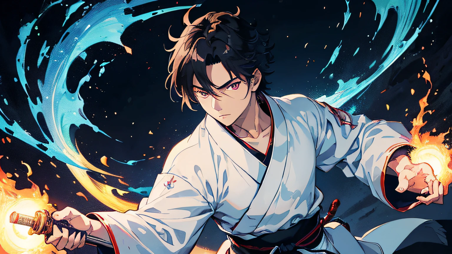 a young Hijikata toshizo. he is a righteous samurai who fight evil. he wear white and black kimono. he hold a sword with flames coming out from his sword. The background is a swirling blue flame in Katsushika Hokusai style. Masterpiece, high-resolution, detailed eyes, purple eye color. Ray tracing, dynamic lighting.