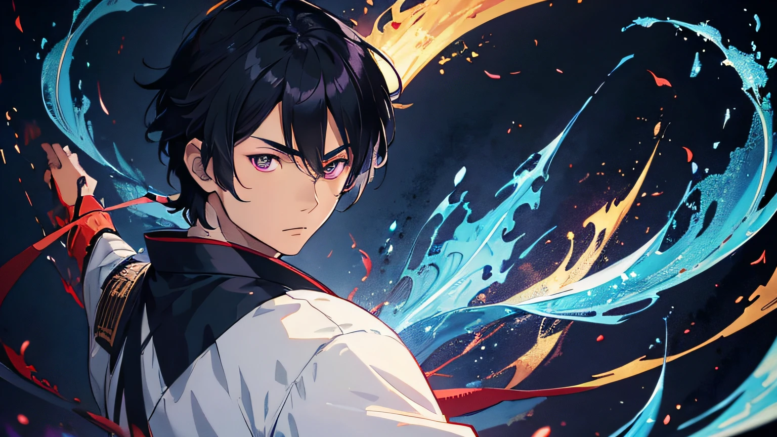 a young Hijikata toshizo. he is a righteous samurai who fight evil. he wear white and black kimono. he hold a sword with flames coming out from his sword. The background is a swirling blue flame in Katsushika Hokusai style. Masterpiece, high-resolution, detailed eyes, purple eye color. Ray tracing, dynamic lighting.
