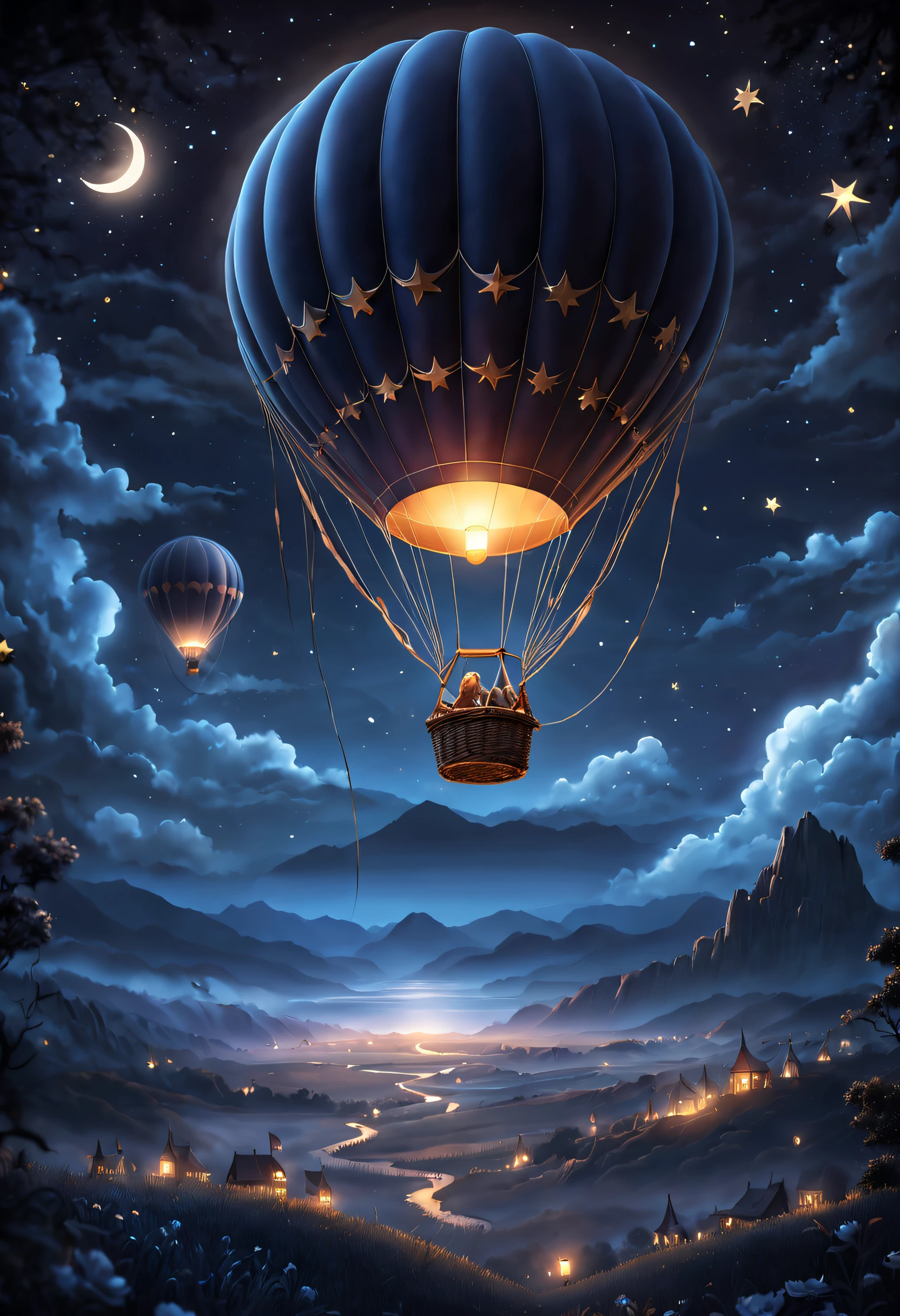 (a hot air balloon gently rises beneath a starry sky, a radiant moon and twinkling stars illuminate the entire scene, creating a mysterious and romantic atmosphere, the artwork utilizes a dark color palette and strong contrast to create striking light and shadow effects, the surface of the hot air balloon is adorned with shimmering details, adding a touch of elegance to the entire composition, best quality,ultra-detailed,realistic:1.37,moonlit,night scene,glowing stars,soft moonlight,subtle shadows,dimly lit foreground,hints of moonlight on the horizon,dark hues,contrasting light and dark,starlight reflections,glittering embellishments)