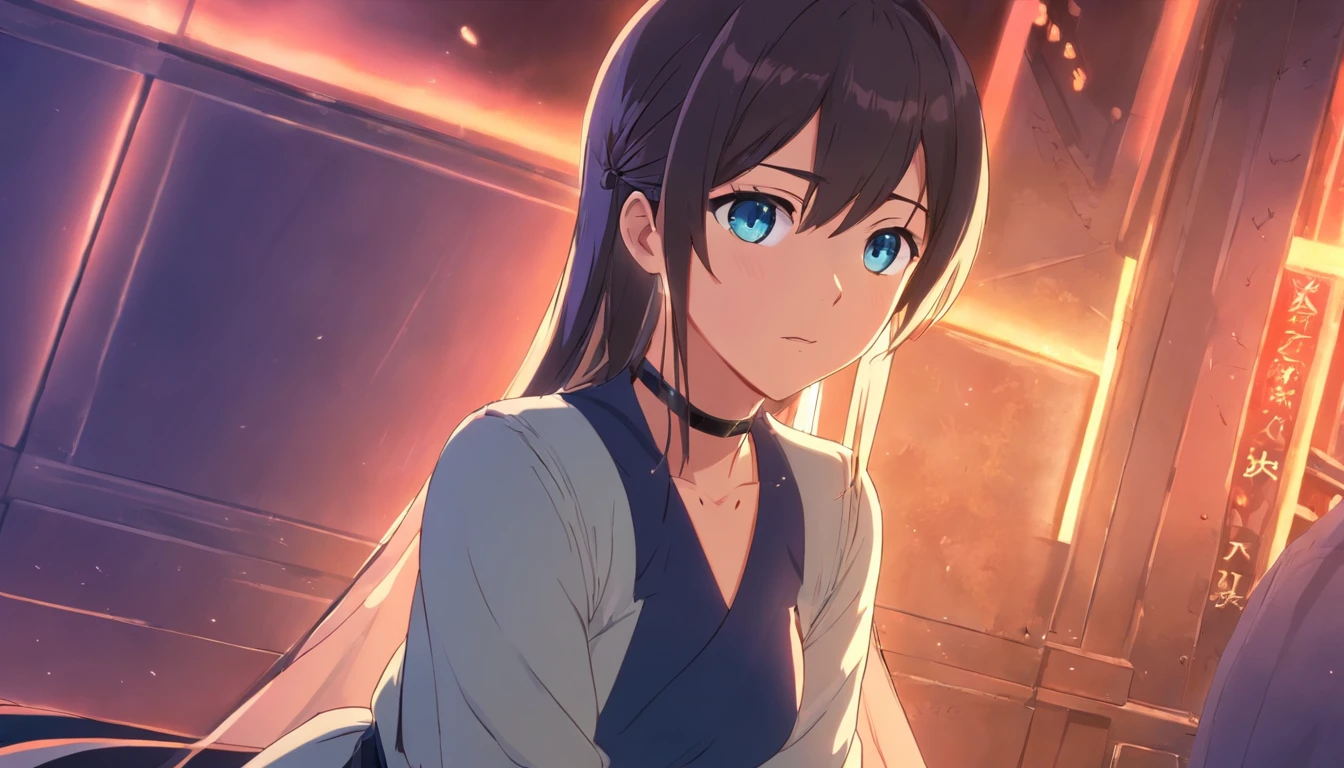 cropped shoulders、Black full dress、、Black and long hair、Blue eyes that glow suspiciously、Crystal clear white skin、tmasterpiece,top-quality,optimum,offcial art,Beautiful and aesthetic however, At first, He was startled by what he saw、coquetry、dual horsetail、Dull hair、adolable、Lori huge breasts cleavage、Vampires、huge tit、A sucker、idoly、Gradient pupils、transparent costume