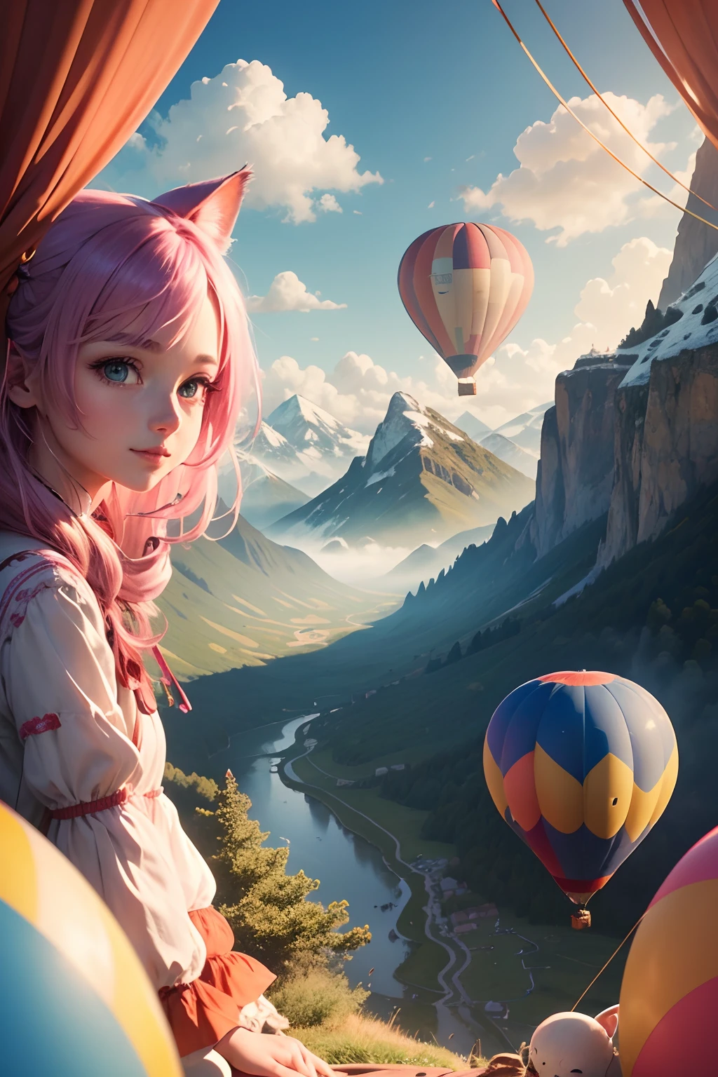 (best quality, highres, realistic:1.37, vivid colors, extreme detail description), a cat-shaped hot air balloon, floating peacefully in the sky, surrounded by fluffy white clouds. The hot air balloon is made of vibrant, multicolored fabric, with intricate patterns and intricate detailing on its surface. The colors of the fabric are a mix of soft pastel shades and bright, eye-catching tones, creating a visually stunning and captivating scene.
The cat-shaped hot air balloon is adorned with adorable details, including big, expressive eyes, a cute pink nose, and a charming smile on its face. Its ears are perked up and its whiskers are playfully extending outwards, conveying a sense of curiosity and joy. The balloon is tethered with a sturdy, colorful rope, which is securely attached to a basket filled with fluffy pillows and cozy blankets.
Below the hot air balloon, the landscape unfolds with rolling green hills, dotted with vibrant wildflowers. The sun shines brightly, casting soft golden light over the scene, creating a warm and inviting ambiance. As the balloon gently floats through the sky, it provides a unique perspective of the picturesque countryside.
The sky is filled with a few other hot air balloons, each one representing a different animal. It's a whimsical sight, as the animals come alive in the form of colorful balloons, adding an element of fantasy and playfulness to the scene. The balloons gracefully navigate through the clouds, creating a peaceful and serene atmosphere.
In the distance, a majestic mountain range rises, its peaks covered in a dusting of snow. The mountains provide a breathtaking backdrop, adding depth and grandeur to the overall composition.
The colors of the scene are rich and vibrant, with a mix of pastel tones and bold hues. The palette includes shades of blues, pinks, purples, and greens, evoking a sense of magic and wonder. The lighting is soft and warm, with the sun casting a gentle glow over the landscape, creating a tranquil