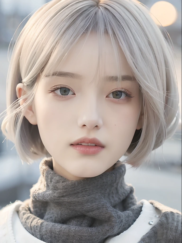 mix4,(top-quality), (Photorealsitic),(The background is the riverside at dusk:1.2), 1womanl, , High Detail Face,、 (8K)、（layers-Cut:1.5）、(Super Berry Shorthair:1.6)、((short hair like men))、Strong eyes、Delicate and realistic skin and hair、（cowboy  shot:1.5）、（bleached, Very thin pale silver hair:1.5）、（Less hair:1.5）、adultlike face、Looking here、（Winter clothes:1.5）、inner colored、1 persons、Dramatic、Twisting the body、Beautiful body lines、（mode:1.8）、Cool、（Sharp eyes:1.5）、moderno、Edgy hairstyles、（Turtleneck 1.8）、(Hairstyles with short tops:1.8)、（Light hair color close to white:1.8)、The season is winter、Thick fabric clothes、Cold winter clothes、（Long-sleeved clothing:1.5）