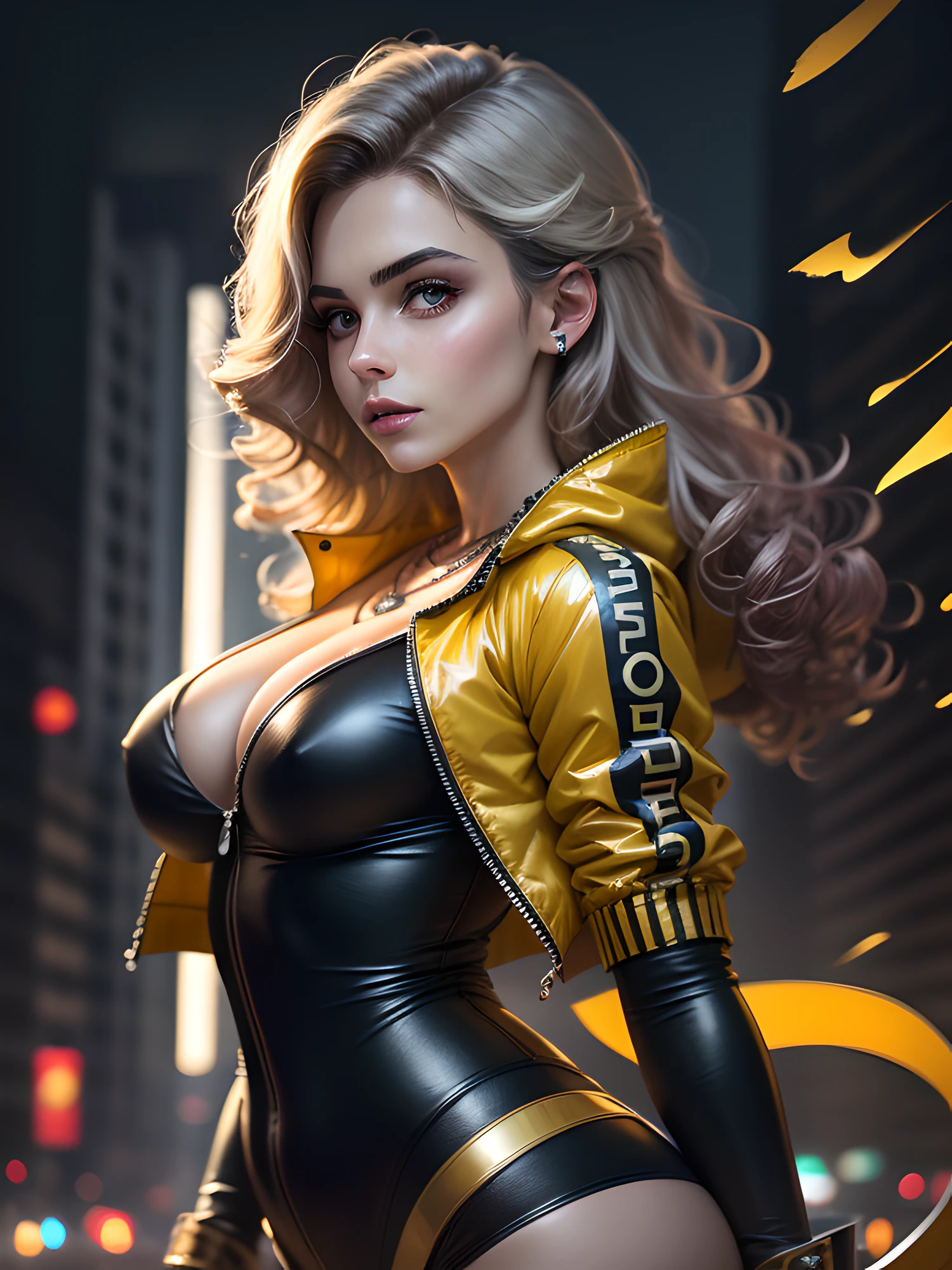tmasterpiece, beste-Qualit, The Loveliest Latin 1Girl 25 Years Old, (photo-realistic: 1.4), Huge yellow eyes, Half-body shot, white colored hair, arched forward, Body Half Sideways, looks at the viewer, (side-view), Average Breasts, suntanned skin, a necklace, hairlong, Curls, Black Sweatshirt, (Unbuttoned Yellow Transparent Jacket), official arts, Unity 8k壁纸, Ultra-detailed, Beautiful and aesthetically pleasing, tmasterpiece, (Imitation of oil smears:1.3), Elegant, bright colours, romanticism, Depth of field, ((cinematic)),