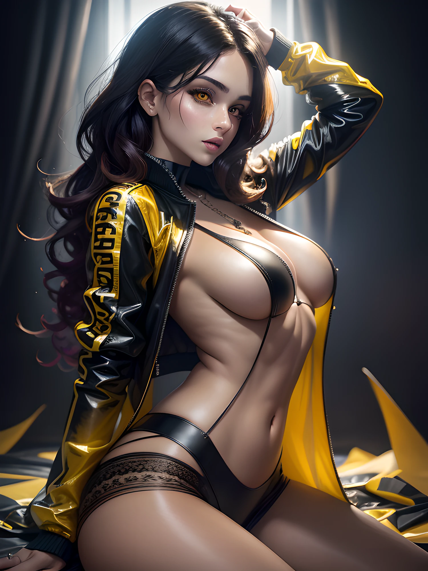tmasterpiece, beste-Qualit, The Loveliest Latin 1Girl 25 Years Old, (photo-realistic: 1.4), Huge yellow eyes, Half-body shot, white colored hair, arched forward, Body Half Sideways, looks at the viewer, (side-view), Average Breasts, suntanned skin, a necklace, hairlong, Curls, Black Sweatshirt, (Unbuttoned Yellow Transparent Jacket), official arts, Unity 8k壁纸, Ultra-detailed, Beautiful and aesthetically pleasing, tmasterpiece, (Imitation of oil smears:1.3), Elegant, bright colours, romanticism, Depth of field, ((cinematic)),