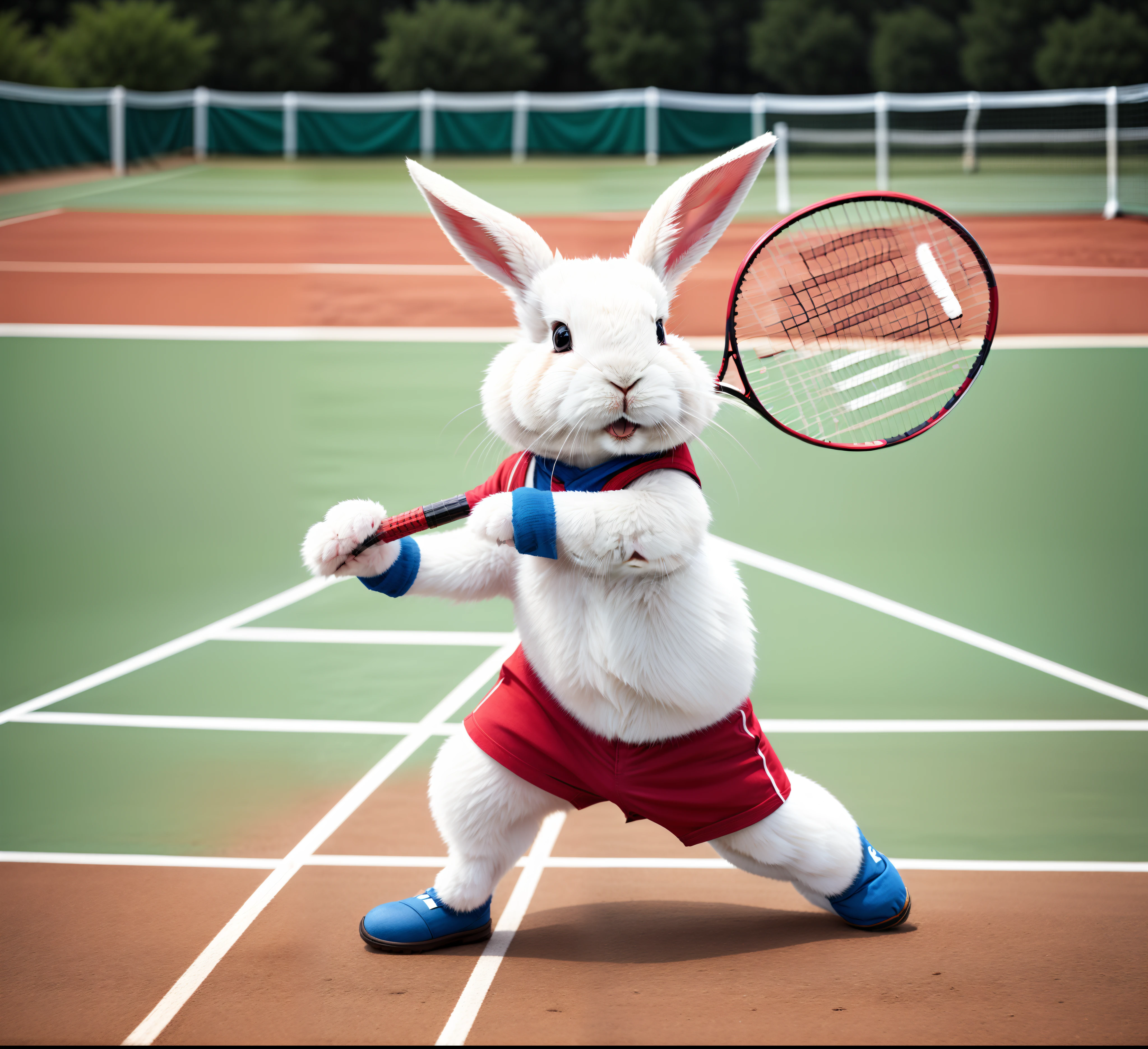 There was a rabbit playing tennis on the court, Badminton,Red and blue sports shirt and shorts, rabbit paws，in an action pose, sports mascot,high-quality wallpaper, Playing tennis, （Battle expressions），（in a fighting stance,） ultra-realistic picture, in a fighting pose,Rabbits in action, Amazing wallpapers, highly realistic photograph,  Be prepared for an attack