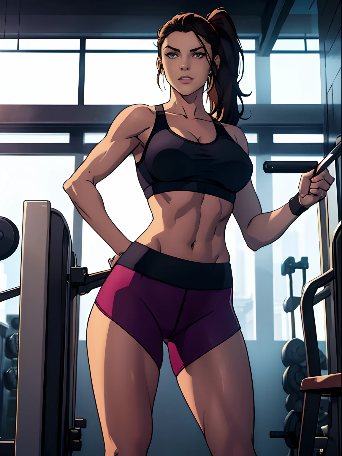 (masterpiece, top quality, best quality, official art, beautiful and aesthetic:1.2), (1girl:1.3), (gorgeous face), light freckles, fair skin, brown hair, extremely detailed, portrait, looking at viewer, solo, (full body:0.6), detailed background, close up, (airy modern theme:1.1), extremely busty gym girl, ponytail, big lips, arched back, flexing her bicep, charlatan, smirk, mysterious, sstanding in the gym, sports bra, leggings, headphones, wet, workout gear, weight machines, windows, modern gym, well-lit, thin and toned physique, gigantic breasts, cleavage, skindentation, slim waist, slim hips, long legs, modern (gym interior:1.1) background, dark mysterious lighting, shadows, magical atmosphere, dutch angle,