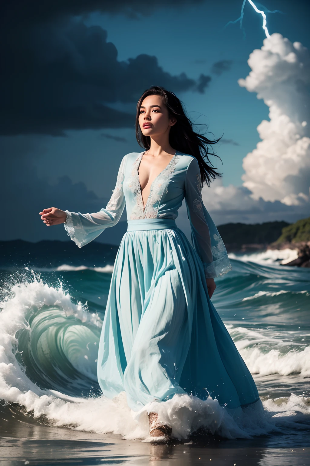 Beautifull malay women in hijap, (skindentation:1.5), Realistic, Photorealistic, (masterpiece:1.5), concept art, intricate details, highly detailed, photorealistic, octane render, 8k, unreal engine, dynamic pose, best quality, highres, (realistic face:1.1), (hyperrealistic:1.1), ((full_body)), perfect eyes,(shiny skin:1.2), (((hairstyle))), (((perfect hands))), (extremely detailed background), ((dynamic background)), ((lightning)), (light rays), ((1girl)), 8k, dramatic angle, (fluttered detailed color splashs), (illustration), (((1 girl))), (black long hair), (rain:0.9), Hanfu, cheongsam, air accessories, colored ink drawing, (sketching:0.8), (denoising:0.6), [splash ink], ((ink refraction)), (beautiful detailed sky), background bokeh, beach, ((huge wave)), (masterpiece, best quality, extremely detailed), ((wearing pale blue fluffy dress)), (((long skirt))), (((long sleeves))), white boots, water magic, ((full body)), battle action