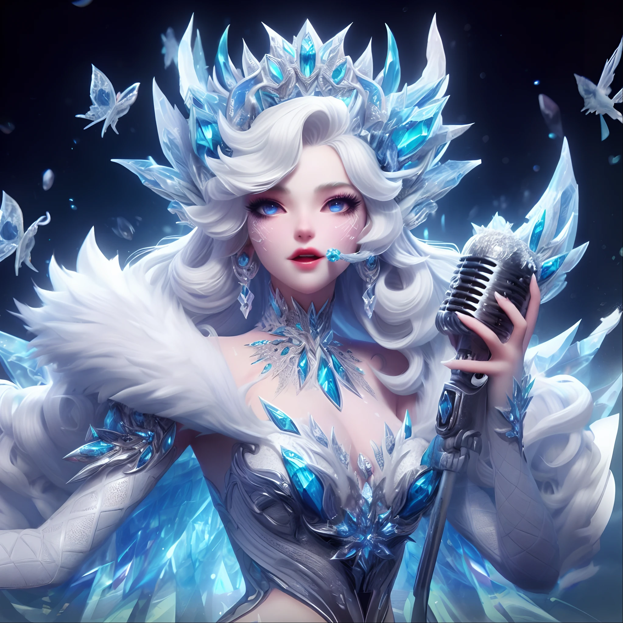 A closeup of a woman with a microphone and a bird, Rainha do gelo e da tempestade, Rainha do Inverno, rainha do gelo, deusa do inverno, Feiticeira do Gelo, Trend in CGTacing:, A Rainha do Gelo, Modelo IG | Artgerm, pele cristalina, estilo de arte de fantasia, Artgerm extremamente detalhado, 8k arte detalhada de alta qualidade
