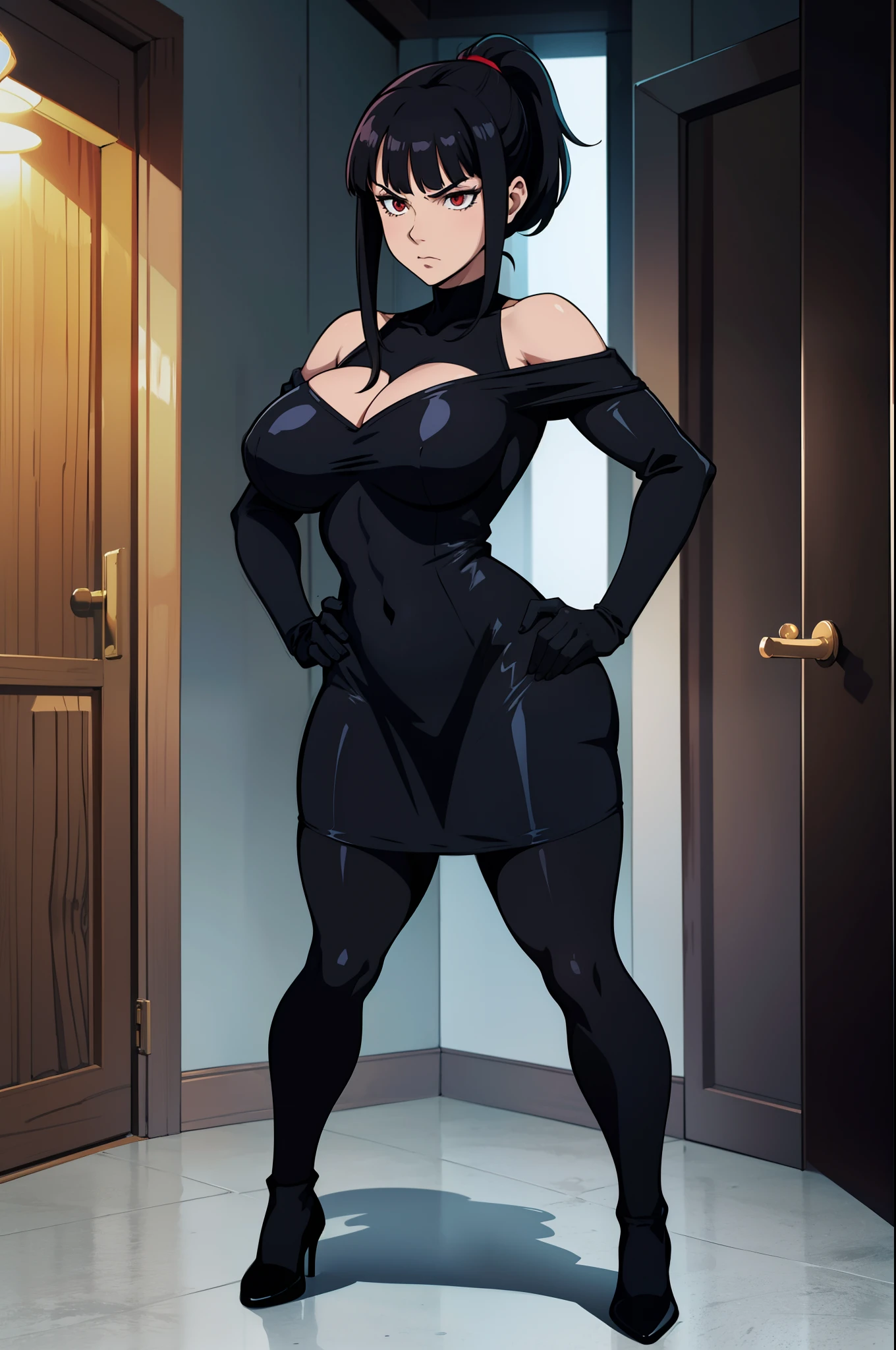 Nastasha Volstov, from Gold Digger Comic, Character, By Fred Perry, Vampire, black hair, red eyes, ponytail, blunt bangs, ((black bodysuit dress)), pronounced feminine features, busty, large breasts, off shoulder black bodysuit:1.1, cleavage, elbow gloves, scowl, detailed background, Standing, emerging from blue portal into modern living room, centered, Full body Portrait, best quality, masterpiece, large breasts, thick thighs, thick hips, thin waist, solo curvy ((muscular))