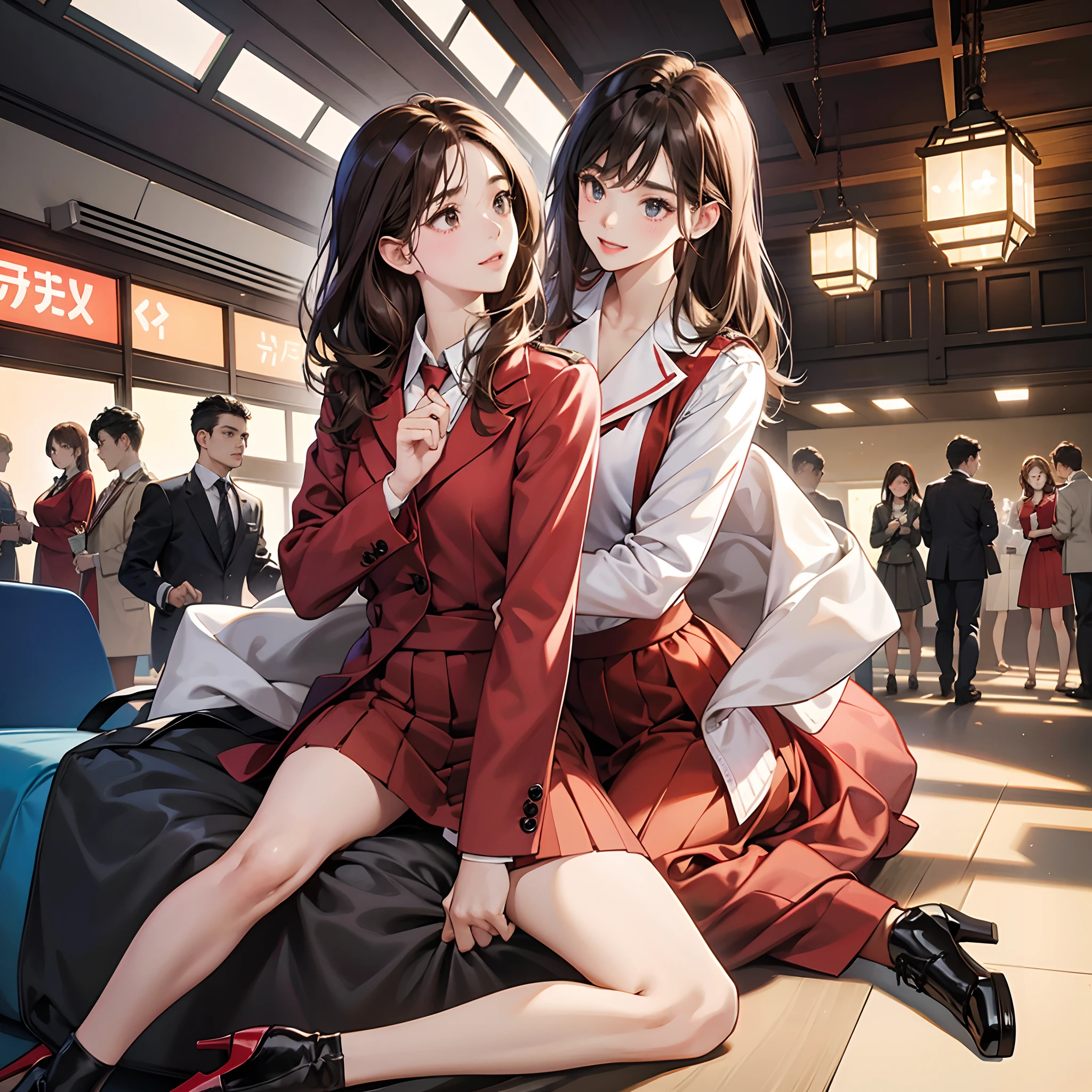 {{a matural female、bule}}、looking at the viewers、Hazel eyes、ighly detailed、medium chest、brown haired、airport、Cabin Crew、校服、Red Blazer、neck tie、a red skirt、midium skirt、high-heels、happiness、top-quality、hightquality、extremely detailed anime screencap、{{{{congestion、multipel Girls、Thousands of sisters、Millions of sisters、Billions of sisters、Matching costumes}}}}