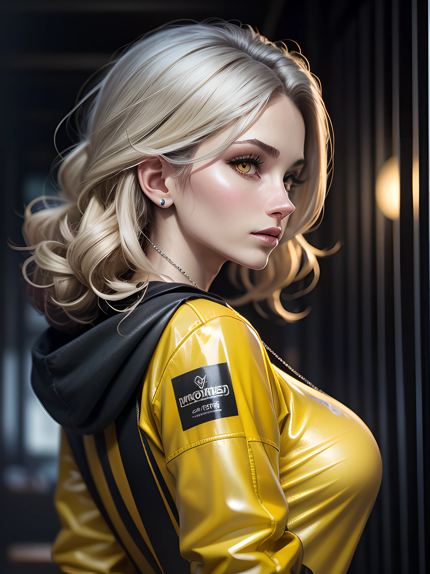 tmasterpiece, beste-Qualit, Side view, The most beautiful 1girl 25 years old, (photo-realistic: 1.4), Huge yellow eyes, Half-body shot, white colored hair, arched forward, Body Half Sideways, looks at the viewer, Average Breasts, suntanned skin, a necklace, hairlong, Curls, Black Sweatshirt, (Yellow Transparent Jacket), official arts, Unity 8k壁纸, Ultra-detailed, Beautiful and aesthetically pleasing, tmasterpiece, (Imitation of oil smears:1.3), Elegant, bright colours, romanticism, Depth of field, ((cinematic)),