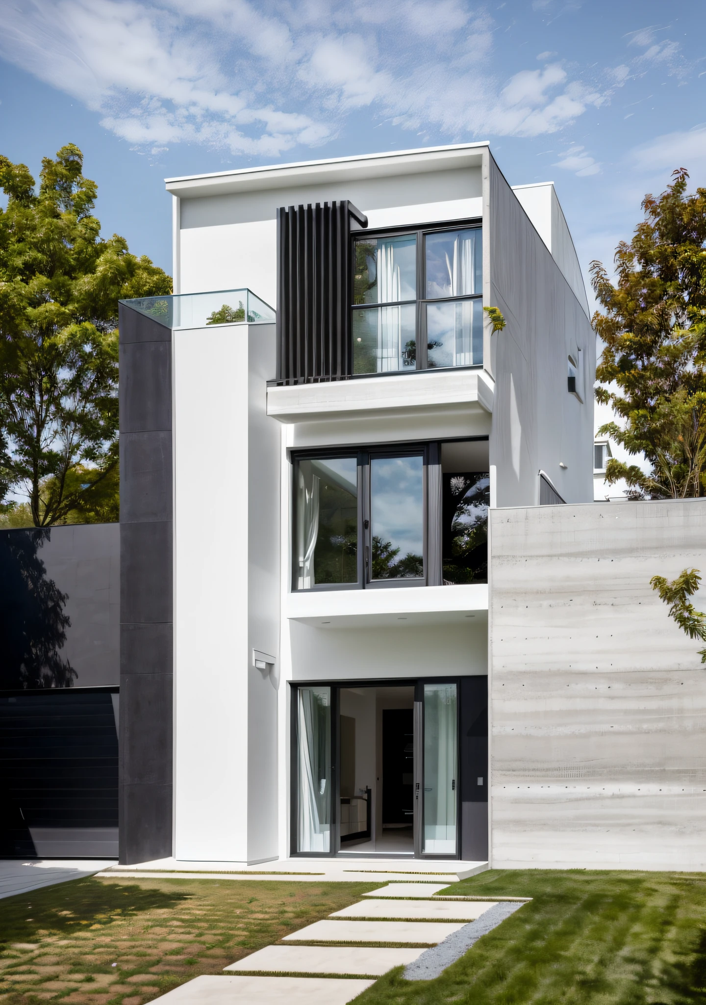 A modern, minimalist house with a blend of contemporary materials like glass stands elegantly in front of a sidewalk and a road. This house exudes simplicity and sophistication through its clean lines and functional design.
The exterior of the house showcases a modern architectural style, predominantly employing glass and metal as its primary construction materials. The walls may be made of sleek concrete or smooth, minimalist panels. The clean geometric shapes and large windows allow ample natural light to flood the interior, giving an open and airy feel to the house.
Surrounded by a sidewalk and a well-kept road, the house integrates seamlessly with its urban setting. The sidewalk provides a pedestrian-friendly space, while the road offers accessibility for vehicles. The minimalistic landscaping complements the modern aesthetic of the house, creating an inviting and stylish presence within the neighborhood.