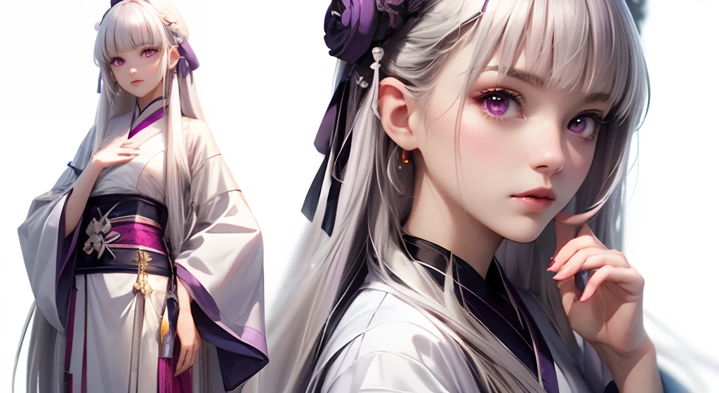 Joey is a beautiful girl with wide eyes,pink eyes,long hair,white hair,straight hair,blunt bangs,purple Hanfu clothing,various poses, multiful poses,different poses,white background--v 5