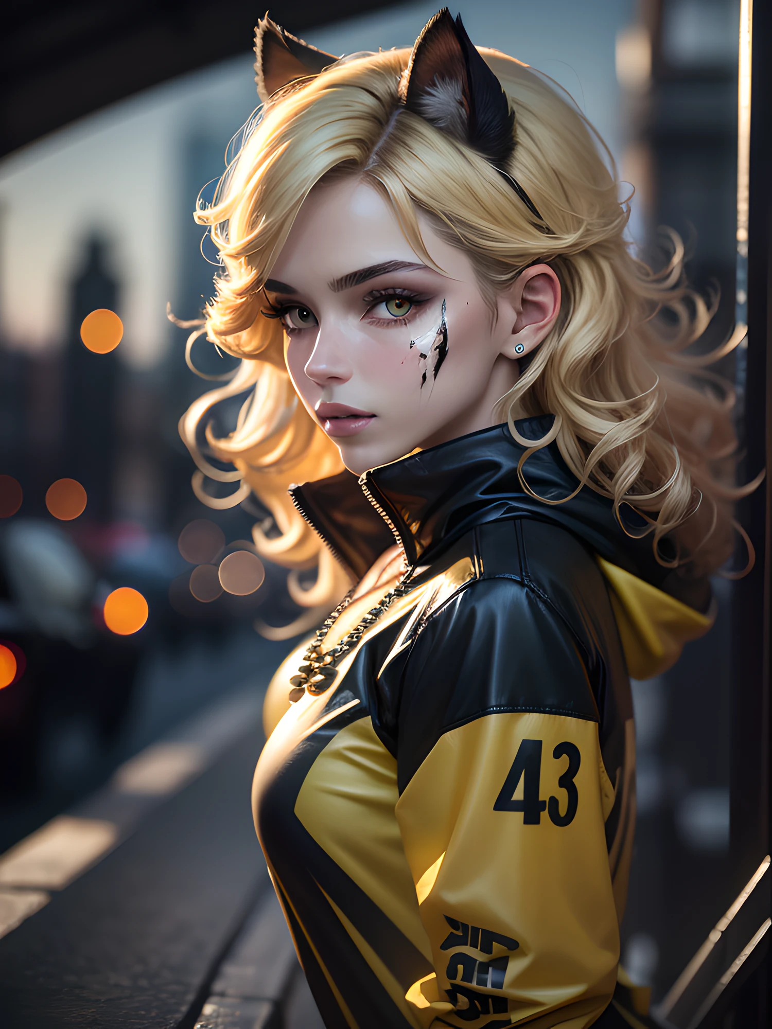 tmasterpiece, beste-Qualit, Side view, The most beautiful 1girl 25 years old, (photo-realistic: 1.4), Huge yellow eyes, Half-body shot, white colored hair, arched forward, Body Half Sideways, looks at the viewer, Average Breasts, suntanned skin, a necklace, hairlong, Curls, (Black Sweatshirt:1,4), (Yellow Transparent Jacket), official arts, Unity 8k壁纸, Ultra-detailed, Beautiful and aesthetically pleasing, tmasterpiece, (Imitation of oil smears:1.3), Elegant, bright colours, romanticism, Depth of field, ((cinematic)),