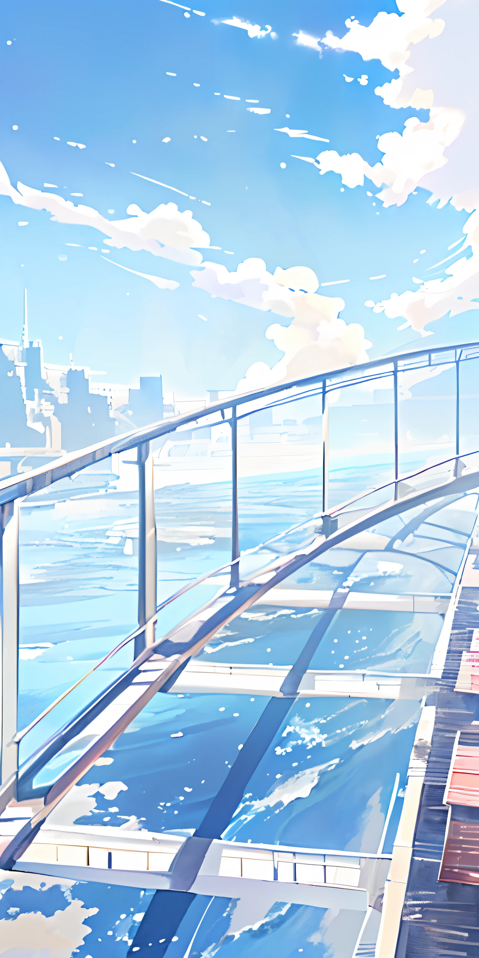 There was a man sitting on a bench on the bridge, anime backgrounds, wallpaper anime blue water, Detailed scenery —width 672, Anime background art, anime beautiful peace scene, beautiful anime scenery, Anime landscapes, anime landscape wallpapers, anime movie backgrounds, sky bridges, beautiful anime scenes, Blue sea. By Makoto Shinkai, Anime landscape concept art
