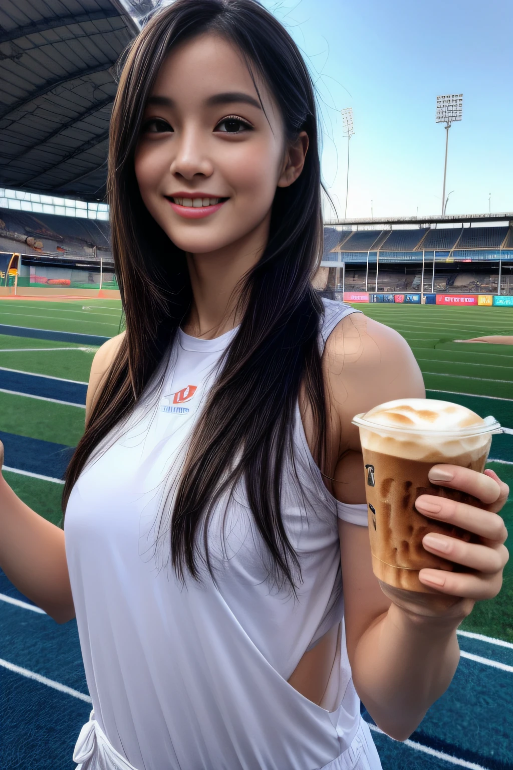 (((full bodyesbian)))、japanese beauty girl、(((holding iced coffee glass )))、((Glossy shoulder-length black hair))、from the waist down、Posing、hairarmpits、Wet body、Sweaty body、Perfect style、beauty legs、kawaii、((Track & Field Athletes Women))、(((1人)))、((stadium))、Transcendent cute、A slight smil、Beautiful breasts、full bodyesbian、athletic field、((Outstanding style))、((Healthy body))、 Photorealsitic、Beautiful detailed eyes、Hyper-Realism、highcontrast、Ultra HD、realistic skin textures、Top image quality、top-quality、超A high resolution、Fine details、Very meticulously