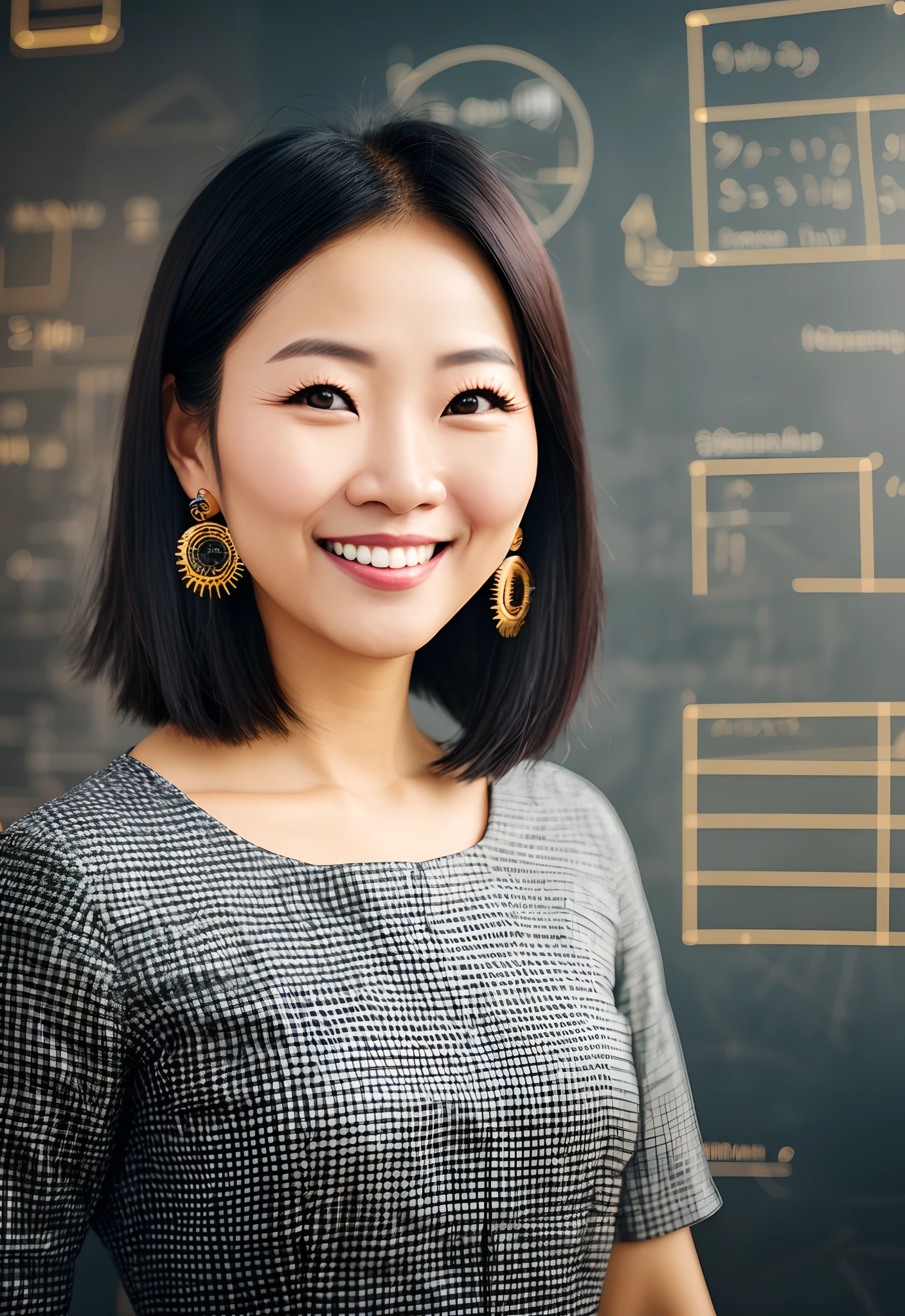 1 Mom Asian
education scienc A dark-haired short-cut Engineers Curiosity to know Fun Smile futuristic background jolly Cinematic Brown eyes large earring jolly 35 year old Round facial contours Squinted eyes Math kosmos Dress like an engineer Futuristic jacket the face is rounded