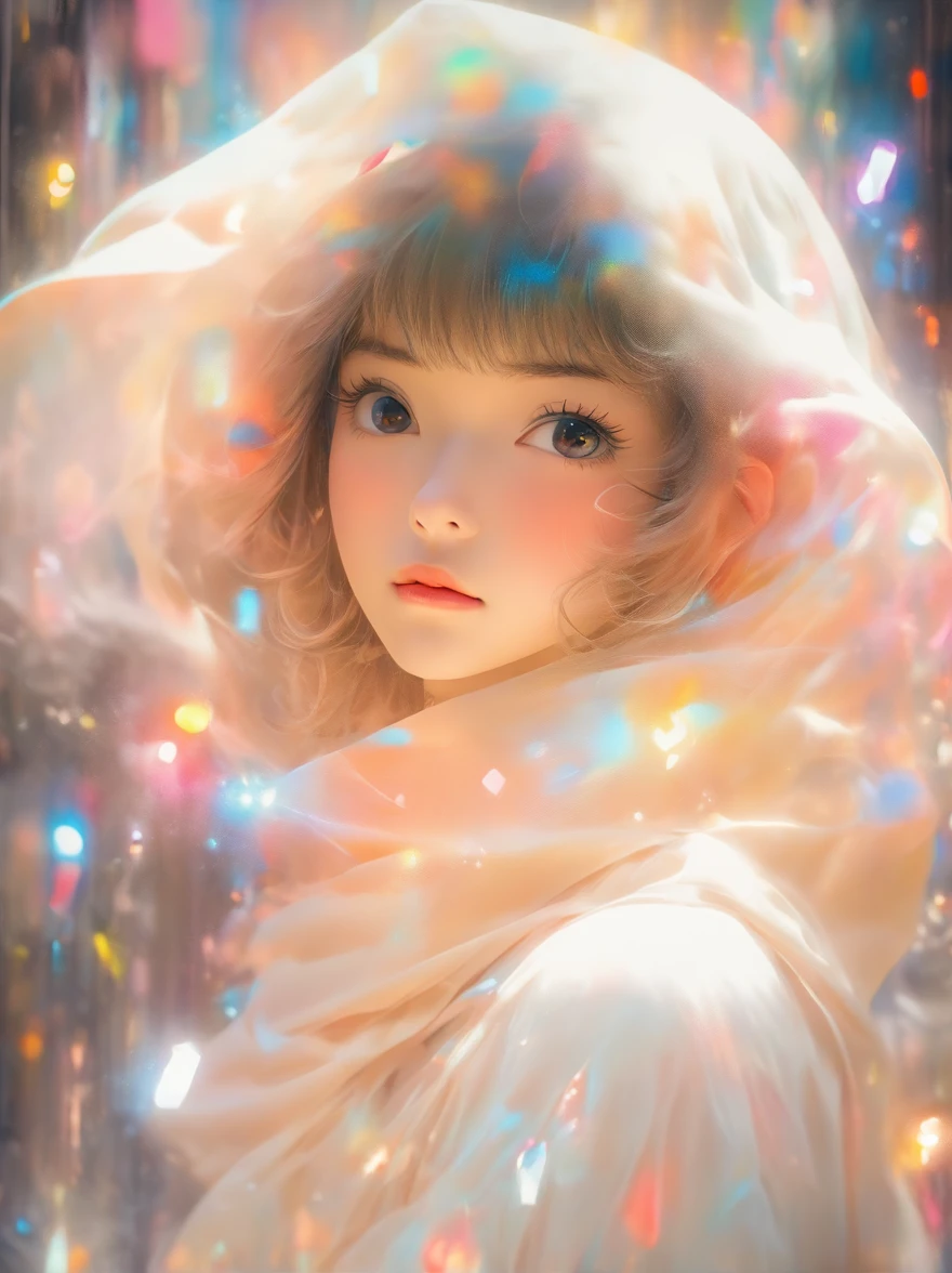 Picture full of stories,Single exposure, Close-up, A white picture shows an Asian girl covering herself in plastic, Soft focus romantic style, Fashion Bazaar Stvle works:Haruna Kikuchi,Clean.Translucent abstract creation, UHD image, Close up,Van McKinlivaille fibre style coloured veil print, mike Campau, A touch of white powder,The Art of Light Painting, Stephen Shortridge. Ilfords FX, Colorful arrangement, avant-garde design, 8K, --AR 3:4 --s 400 --niji 5 --style expressiveness