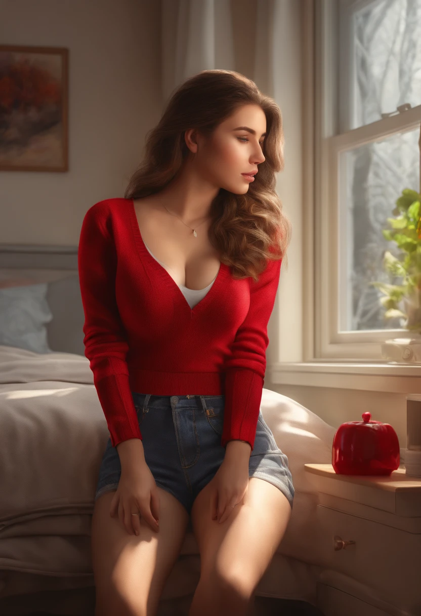 photorealistic, 20-year-old, 1 girl, large breasts, visible abs, student bedroom scene, red sweater, sitting