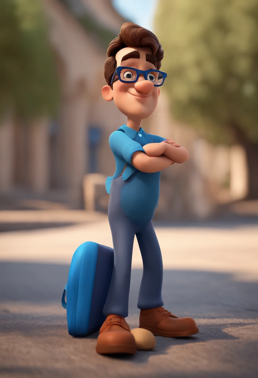 Cartoon character of a man with black glasses and a blue shirt, animation character, Caractere estilizado, animation style rendering, 3D estilizado, Arnold Maya render, 3 d render stylized, toon render keyshot, Personagem 3D, Personagem 3D, 3d rendering stylized, 3 d character render, personagem de desenho animado, Personagem de close up, Pose de personagem,  (Estilo Pixar) (master part:1.2) (Bokeh) (best quality) (pele detalhada) (textura detalhada) (8k) (argila) (Cinematic lighting) (foco nítido