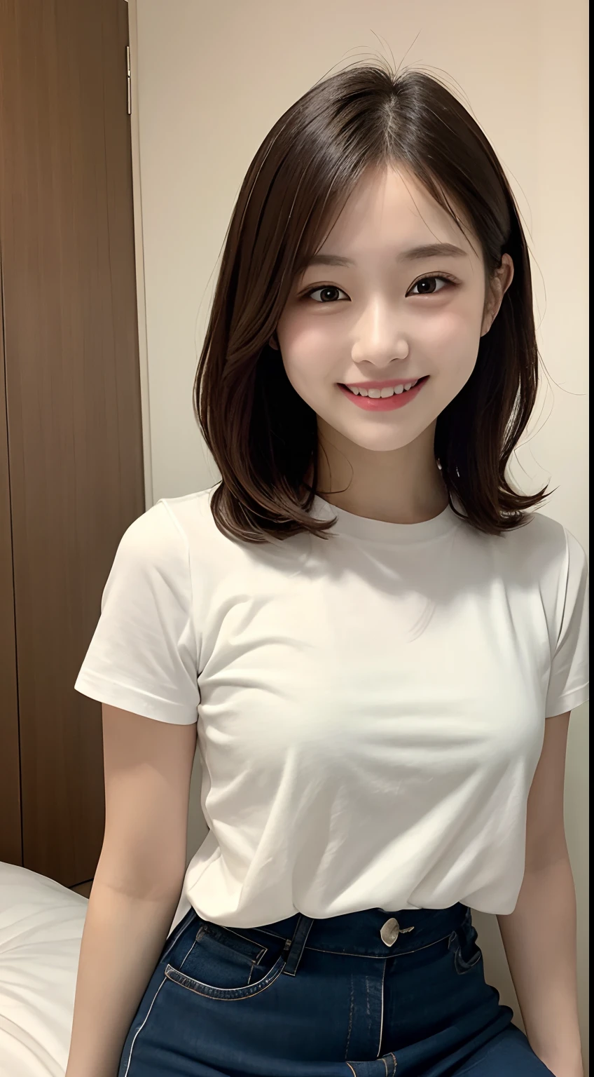 White tight shirt、White tight mini skirt、a bed、a smile、shortsleeves、high-level image quality