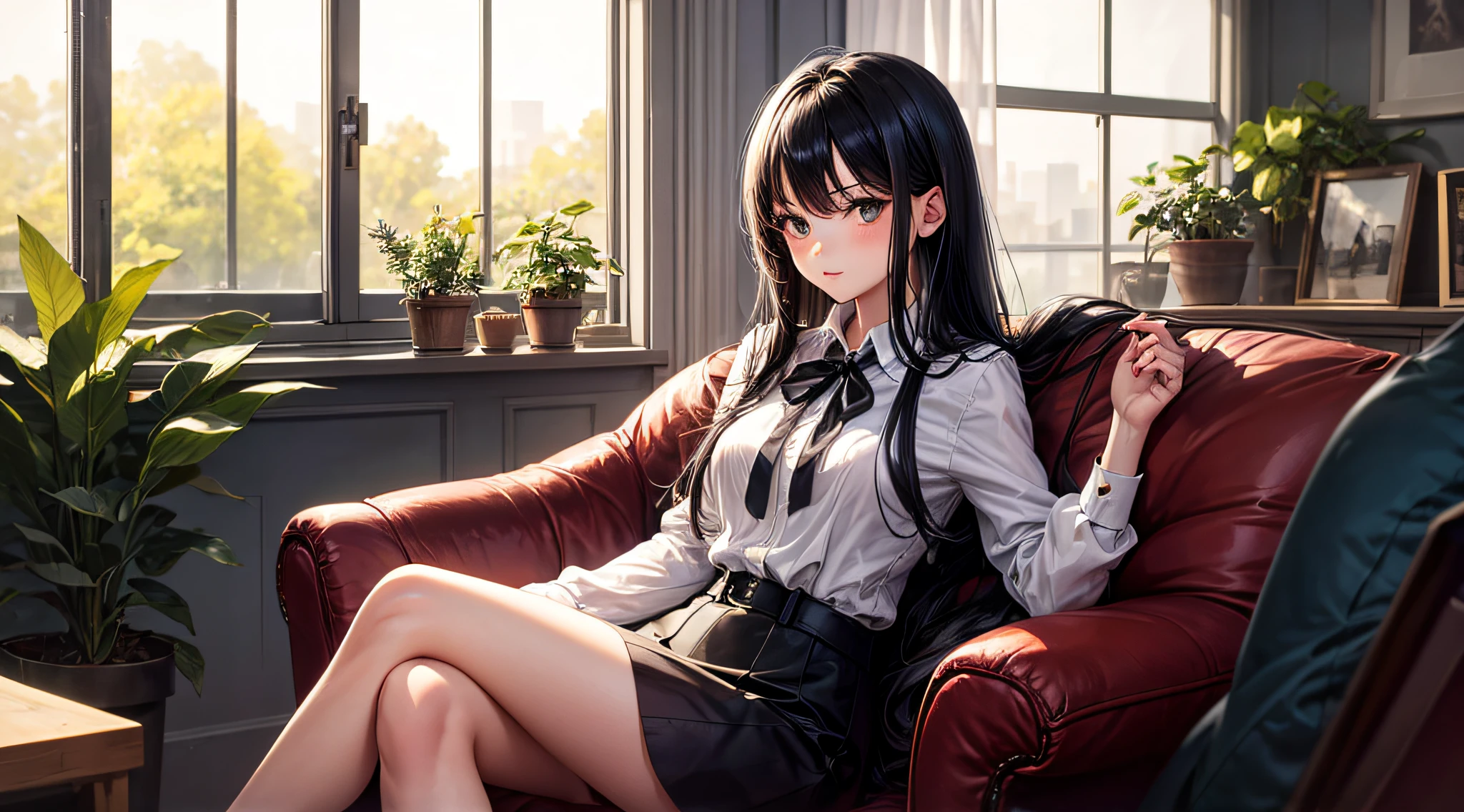 realistic image, detailed image, coherent imagen, with a 1 beautiful girl, she has a little long hair, Brown hair with red hair on the fringe that covers her forehead, Bright Reds eyes, shy expression. She is wearing a white button-down shirt, a pleated skirt, black shoes , She has a curvy body, medium-large breasts and very thick thighs, find references to atomic and that it does not have an unnatural pose, She is Sitting in a red Sofá, her legs are stretched out, their feet are touching the ground, Her only right hand is touching her right thigh and her left hand is in her left knew, She has only two arms and two legs, she has no more than five fingers and no less than five fingers on each hand, , background: she is in a house Decorated with formal things, the floor is made of wood, in the background there is a white wall, full body view, Dramatic shadows, Volumetric lighting, natural lighting,