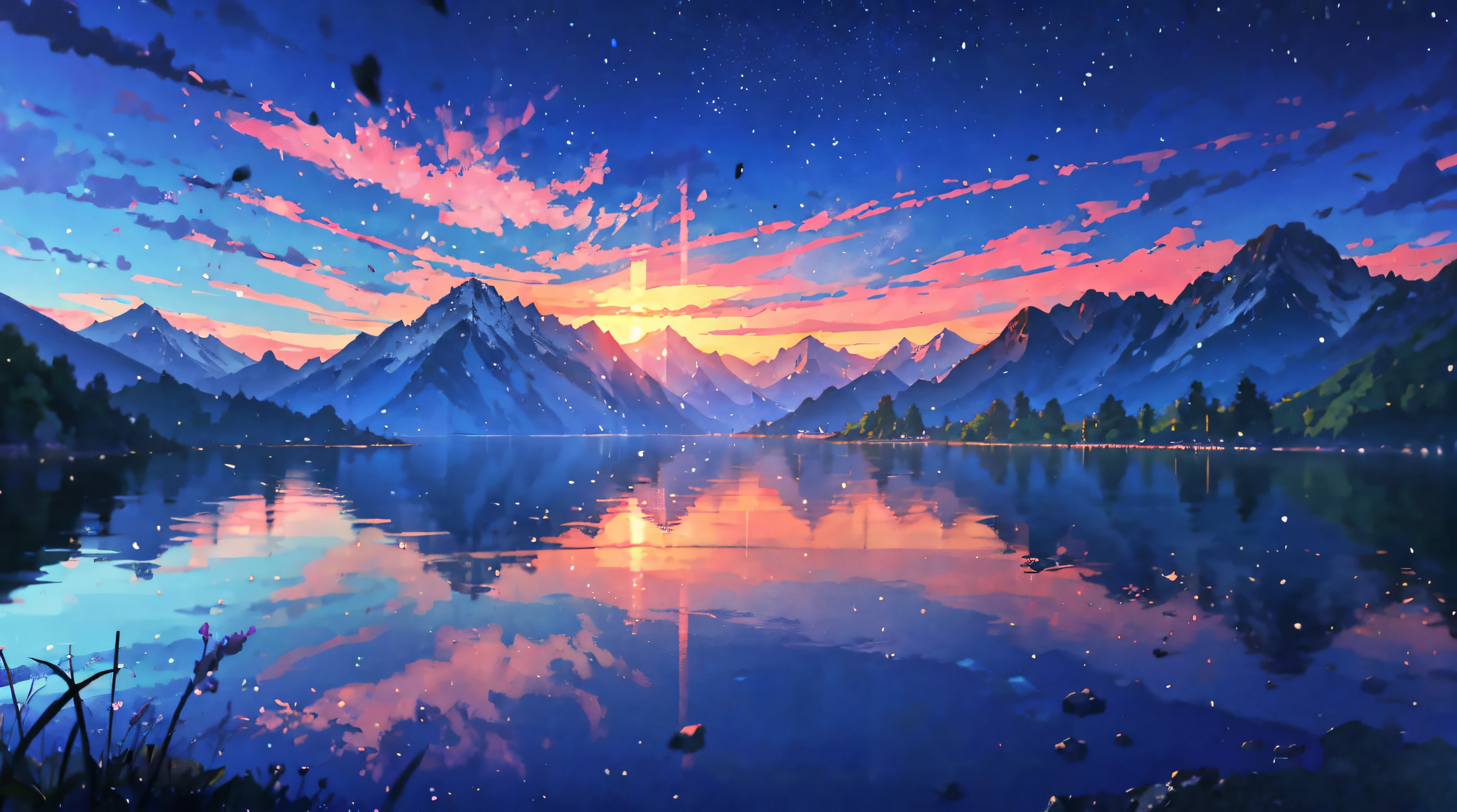 anime - style scene of a tranquil landscape featuring towering mountains reflected in the calm waters of a pristine lake. by makoto shinkai, anime art wallpaper 4k, anime art wallpaper 4 k, anime art wallpaper 8 k, anime wallpaper 4k, anime wallpaper 4 k, 4k anime wallpaper, anime sky, amazing wallpaper, anime background, heaven planet in background, anime background art
