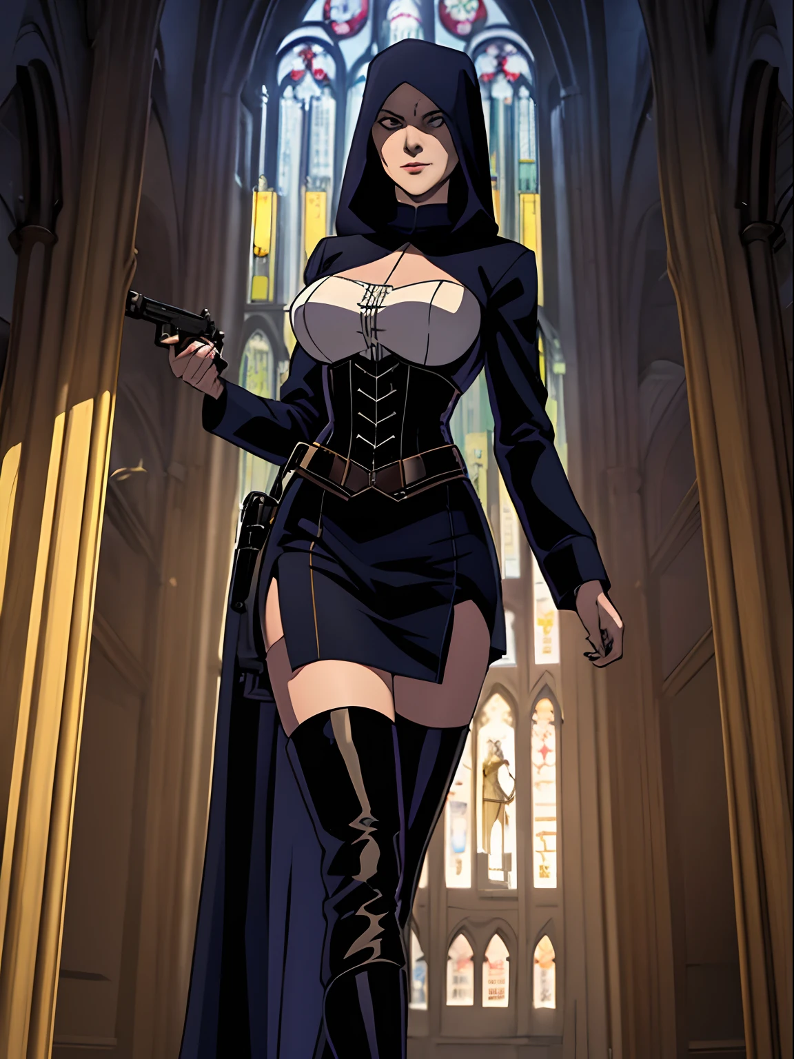 (masterpiece, top quality, best quality, official art, beautiful and aesthetic:1.2), (1girl:1.3), light freckles, fair skin, extremely detailed, portrait, looking at viewer, solo, (full body:0.6), detailed background, close up, (dark gothic theme:1.1), nun with guns, charlatan, smirk, mysterious, swaggering through cathedral, modest attire, black habit, cowl, nun hood, wimple, thigh-high boots, bodysuit, leotard, loose sleeves, cloak, corset, leather straps, ammunition pouches, long boots, submachineguns, SMGs, MP5s, thigh pouches, holsters, garters, ((((narrow hips, slim sexy body, gigantic breasts)))), slim waist, slim hips, long legs, modern (cathedral exterior:1.1) background, dark mysterious lighting, shadows, magical atmosphere, dutch angle,