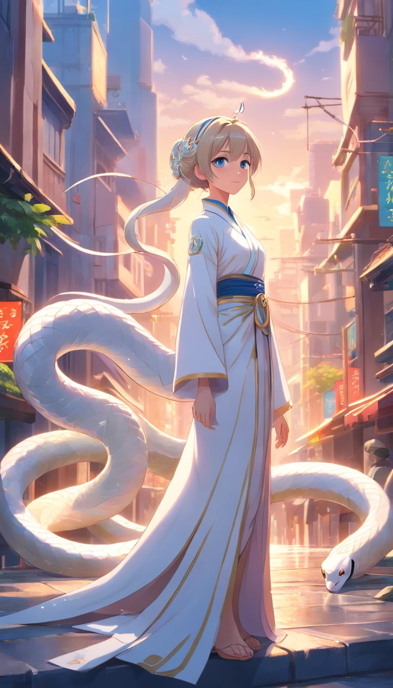 Super cute anthropomorphic white snake in Pixar style, Wearing Hanfu and Crystal Crown, Detailed White Snake, charming big eyes, nice tail, , Surreal, Super fine, Luxurious, elegant standing, charming big eyes, nice tail, Surreal, Ultra-detailed effects, Luxurious, Elegant, with an intricate, Gorgeous, illusion engine, Octane Rendering, 8K, Freissurrealism