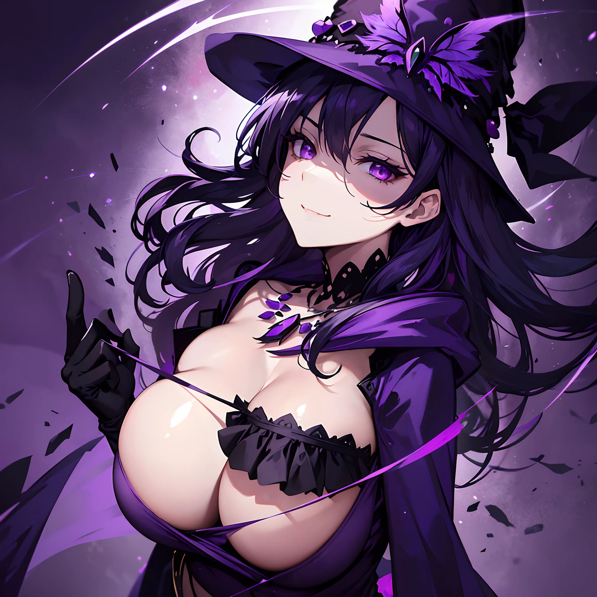 1 girl, solo, witch, mature woman, huge breasts, wide V-neck, bodytight top, milf, elegant hat, purple robe, black hand gloves, hand to mouth, purple eyes, violet hair, long hair, let down hair, necklace with purple gemstone, checked frilled black stockings, sadistic aura, smirk, black feather hair accessory