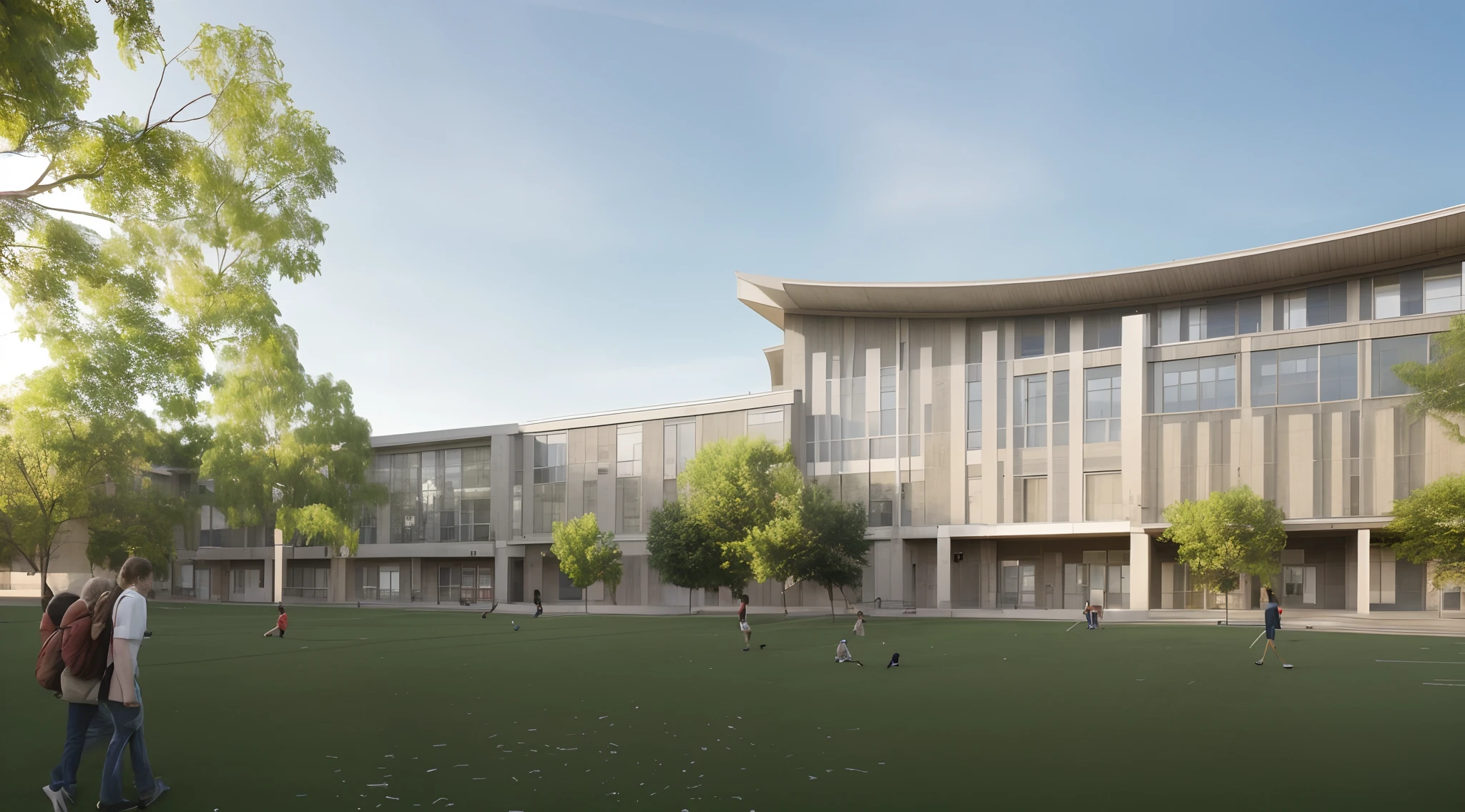 School Architecture, Modern style, Grass and concrete ground design incorporating walkways with students on the field, red and white stucco wall, Available colors on photos , glass rails, City Cover, It's beautiful, Natural sunlight, wide viewing angle, Realistic image quality,