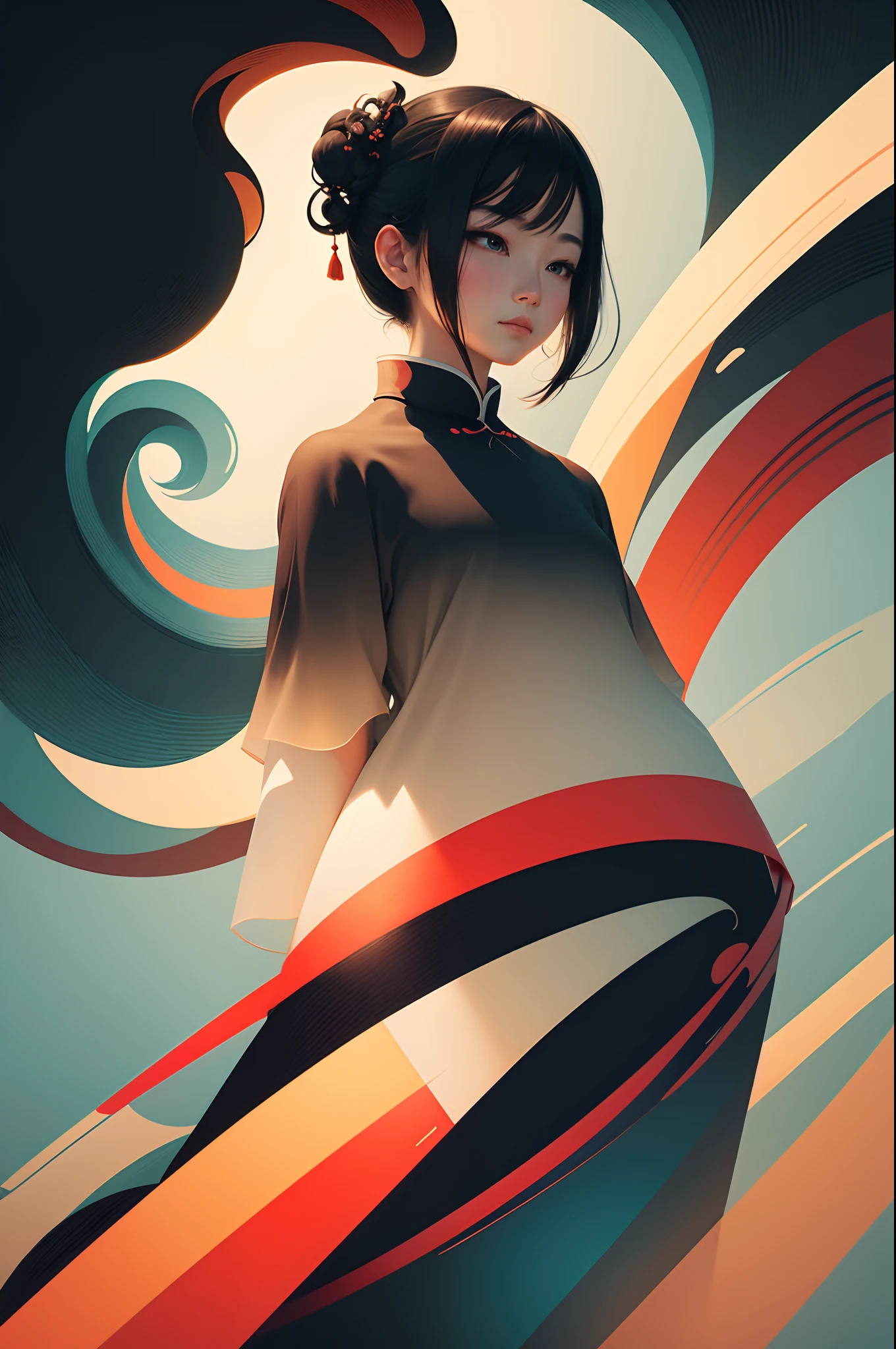 Chinese New Year's Day，Chinese landscape, abstract paintings, Zen, Amy Sol style, With a cover art of light abstraction, Simple vector art, Contemporary Chinese art, Gradient of color, Soft color palette, layered forms, Whimsical animation, The style is ethereal and abstract