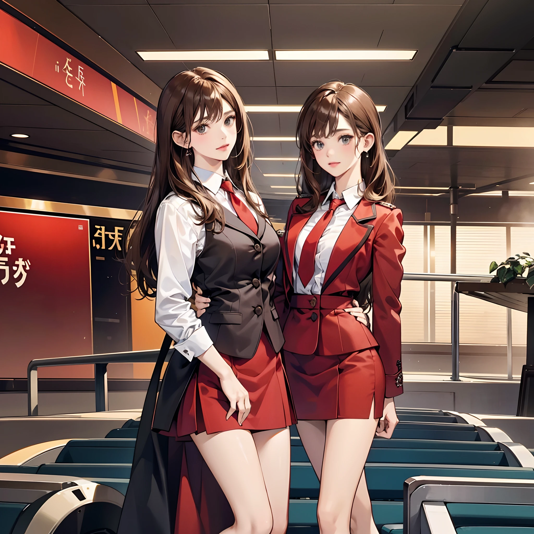 {{Mature female, caucasian}}, looking at viewer, hazel eyes, extremely detailed, medium breasts, brown hair, airport, flight attendant, uniform, red blazer, necktie, red skirt, medium skirt, high heels, happy, best quality, high quality, extremely detailed anime screencap, {{{{crowded, multiple girls, thousands of sisters, millions of sisters,billions of sisters, clone, doppelganger, matching outfit, matching hairstyle}}}}