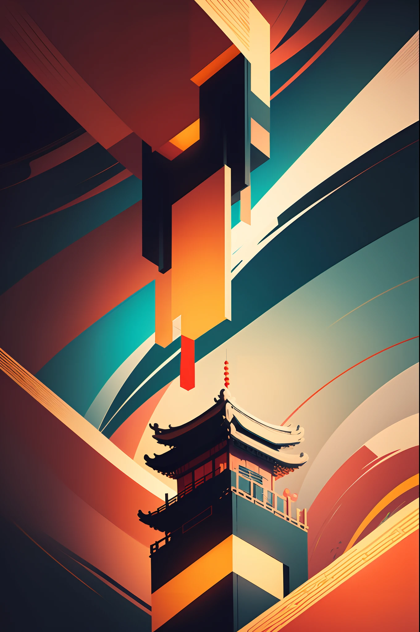 Chinese New Year's Day,Chinese landscape, abstract paintings, Zen, Amy Sol style, With a cover art of light abstraction, Simple vector art, Contemporary Chinese art, Gradient of color, Soft color palette, layered forms, Whimsical animation, The style is ethereal and abstract