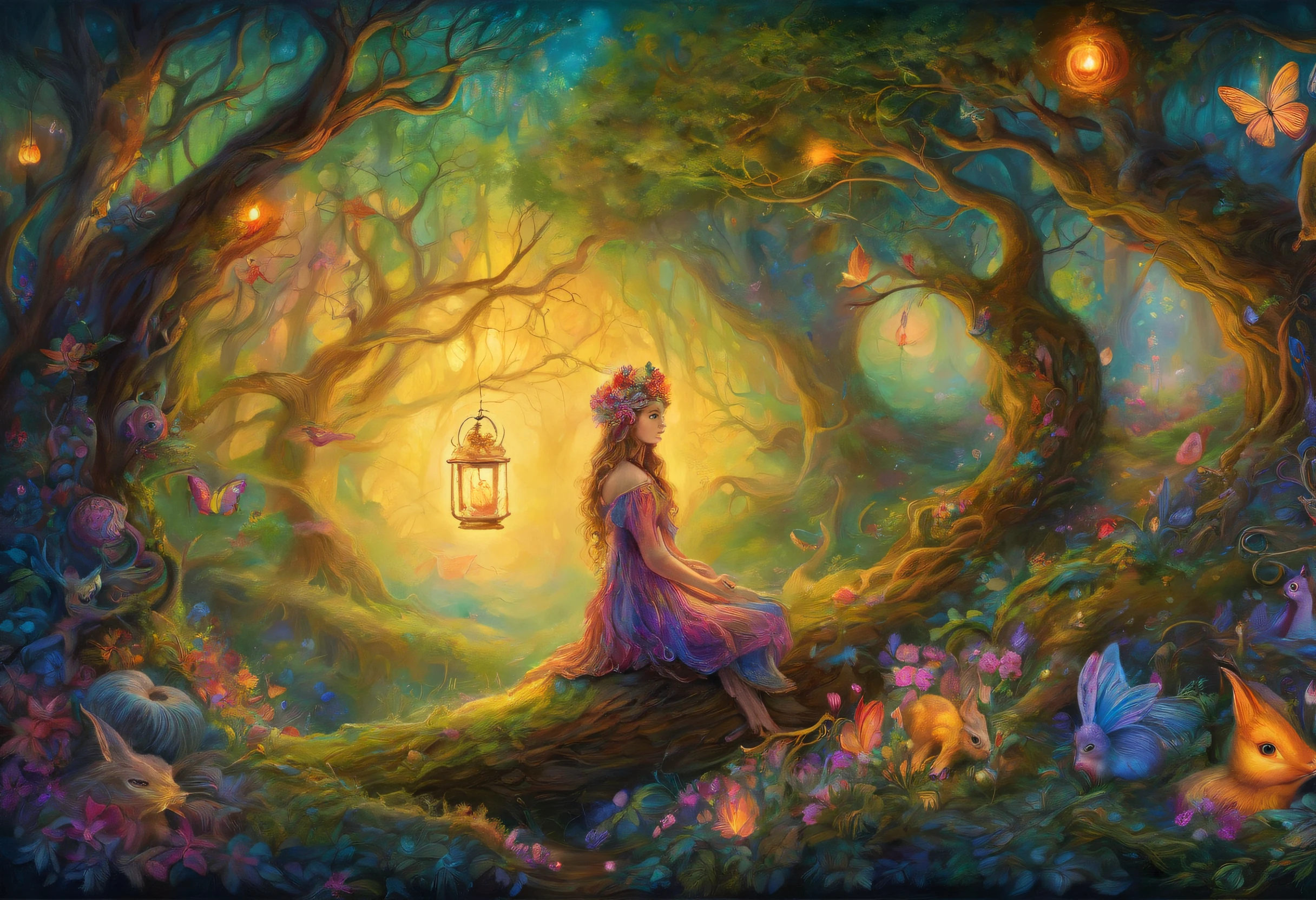 a drawing，A woman sits in the forest with a lantern, There are a lot of elves next to it，Dream-like feeling，enchanted magical fantasy forest, an enchanted forest, psychedelic forest, intricate fantasy painting, fantasy artrealistic painting, Fantasy painting, magical fantasy forest, fairy tale forest, an enchanted forest, magic fairy forest, fantasy oil canvas, magic fantasy highly detailed, Fantasy Forest, Inspired by Josephine Wall, fantasy highly detailed