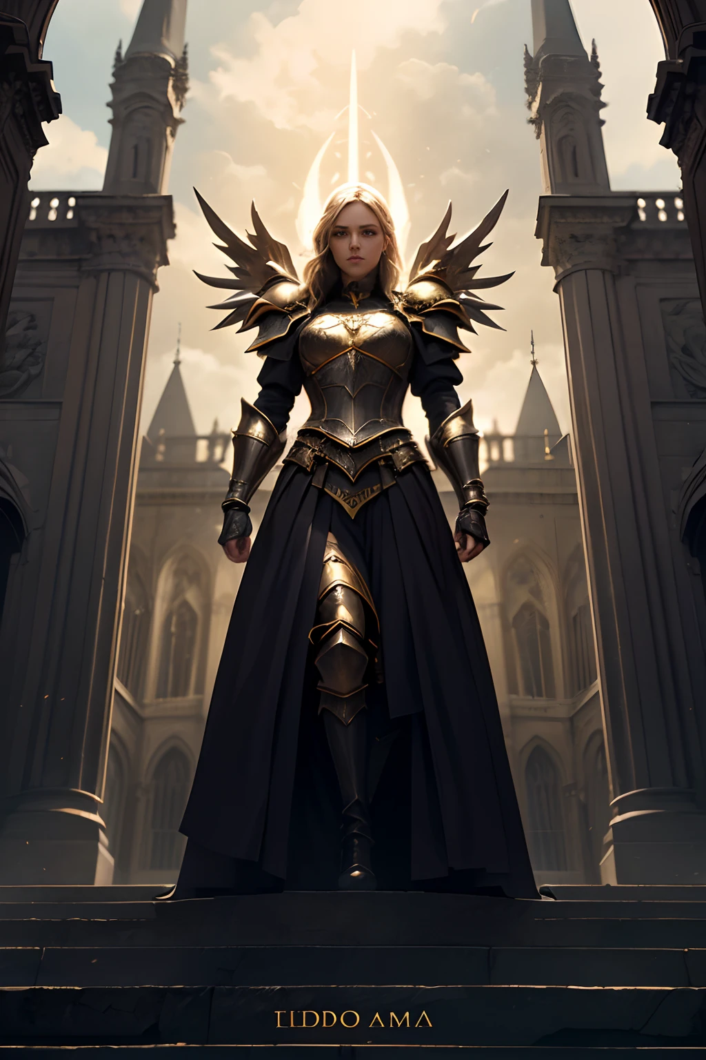 A wizard wearing black and gold gothic armor, 8k, dramatic scene, Magnificent, linda e impressionante, On top of the academy I , public square, ritual, olhando de cima em desafio.  Melhor qualidade, fluttering cover.