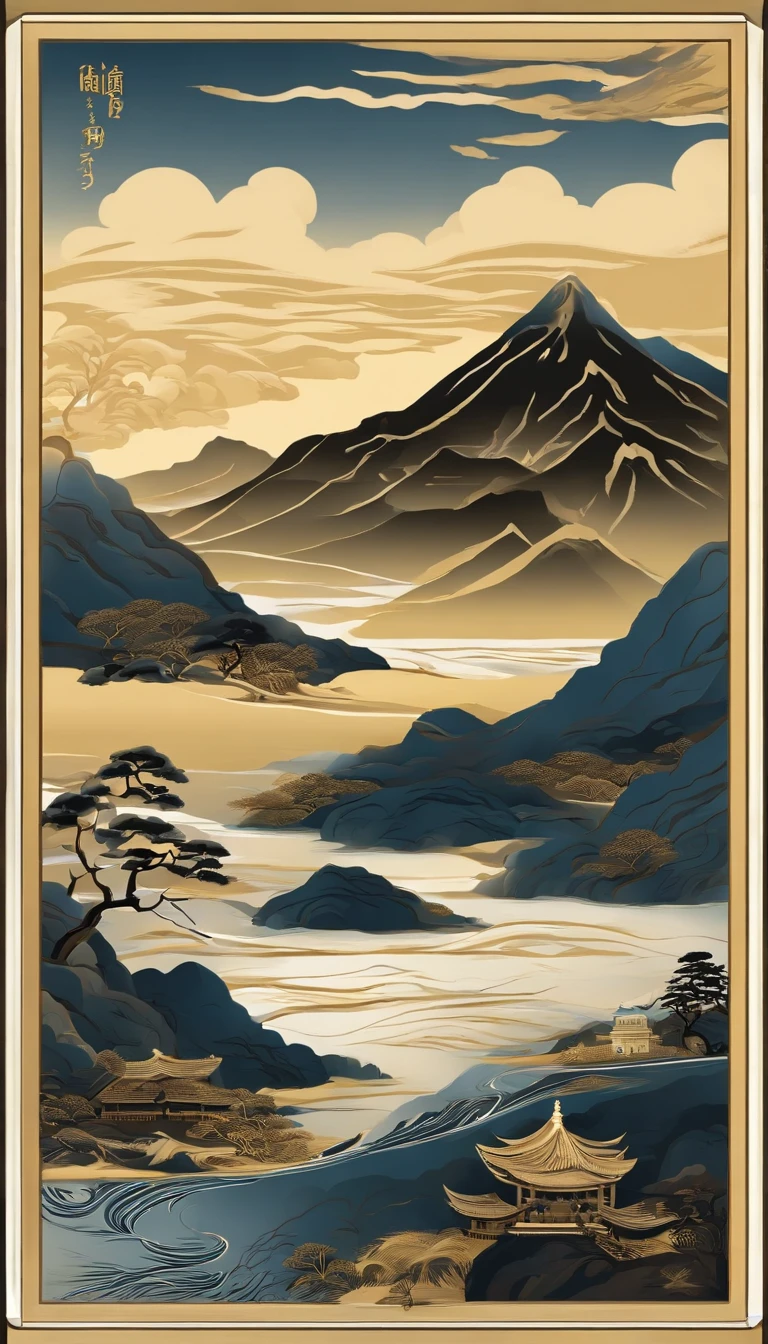 Mountain and Sea Skylark Scroll,There are mountains and waters in the picture,rios、grassy fields、Sun,Shirasawa、Many ancient mythical beasts such as the zodiac are haunted,Epic composition,shadowing,National style,Light yellow tone,Gold elements,Wine illustration design,Yunnan ethnic style