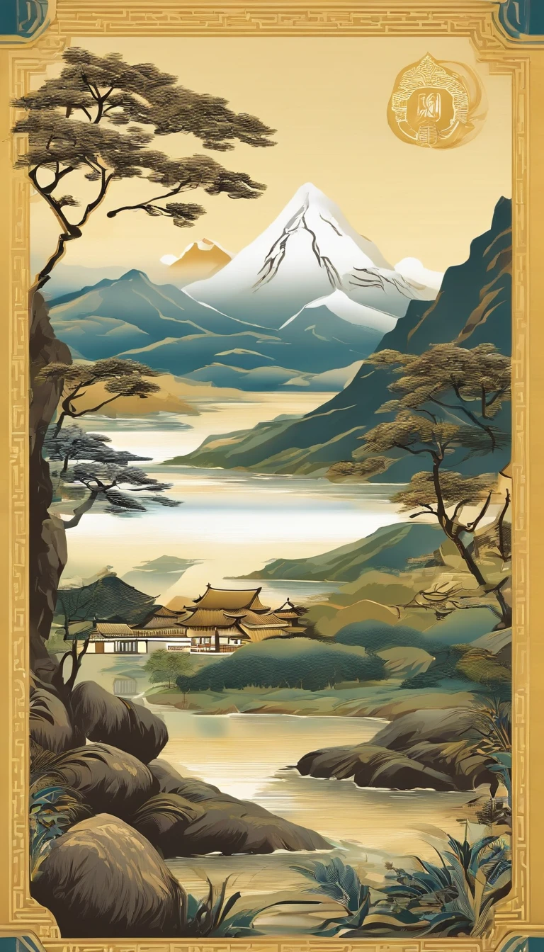 Mountain and Sea Skylark Scroll，There are mountains and waters in the picture，rios、grassy fields、Sun，Shirasawa、Many ancient mythical beasts such as the zodiac are haunted，Epic composition，shadowing，National style，Light yellow tone，Gold elements，Wine illustration design，Yunnan ethnic style