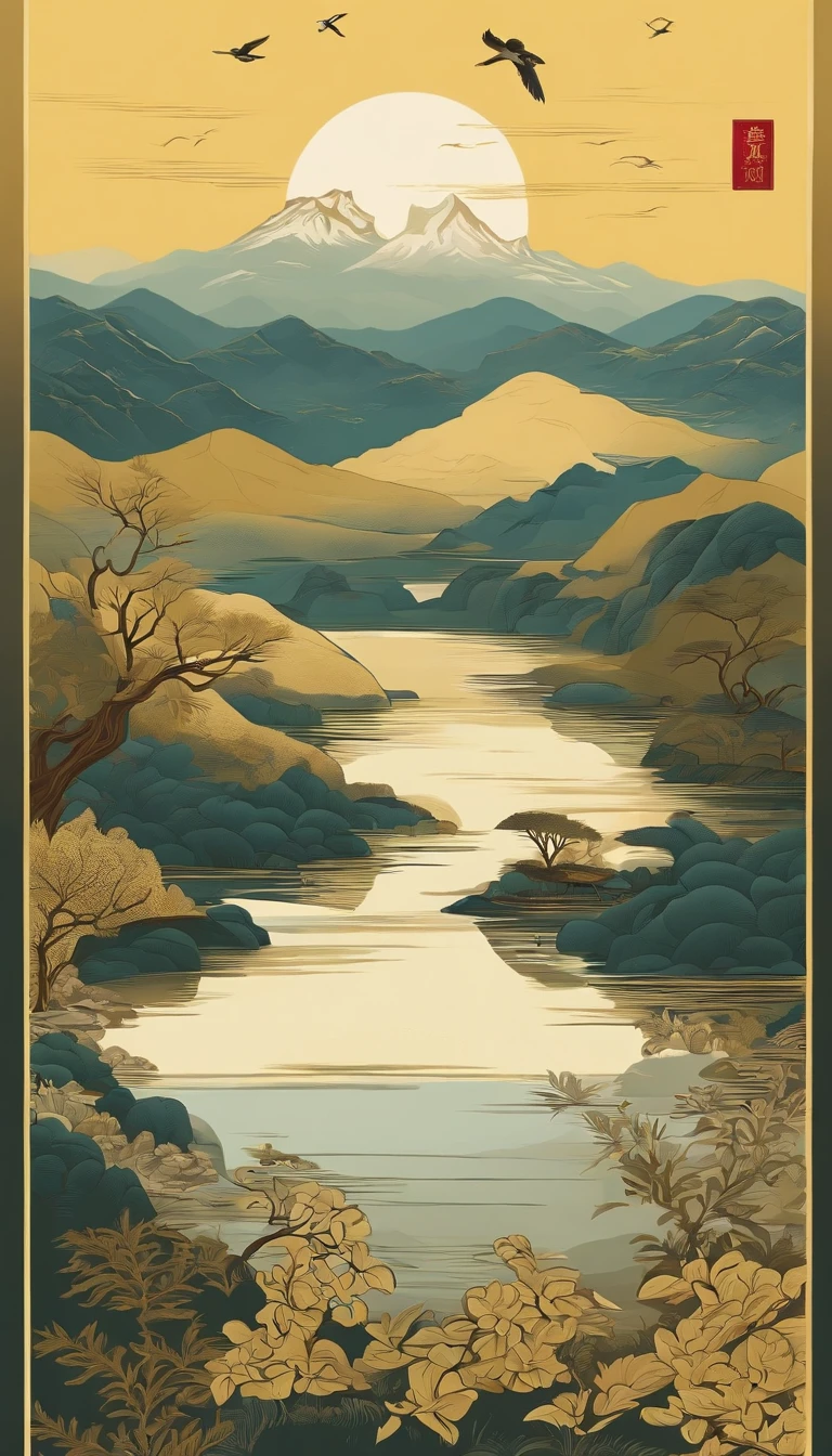 Mountain and Sea Skylark Scroll,There are mountains and waters in the picture,rios、grassy fields、Sun,Shirasawa、Many ancient mythical beasts such as the zodiac are haunted,Epic composition,shadowing,National style,Light yellow tone,Gold elements,Wine illustration design,Yunnan ethnic style