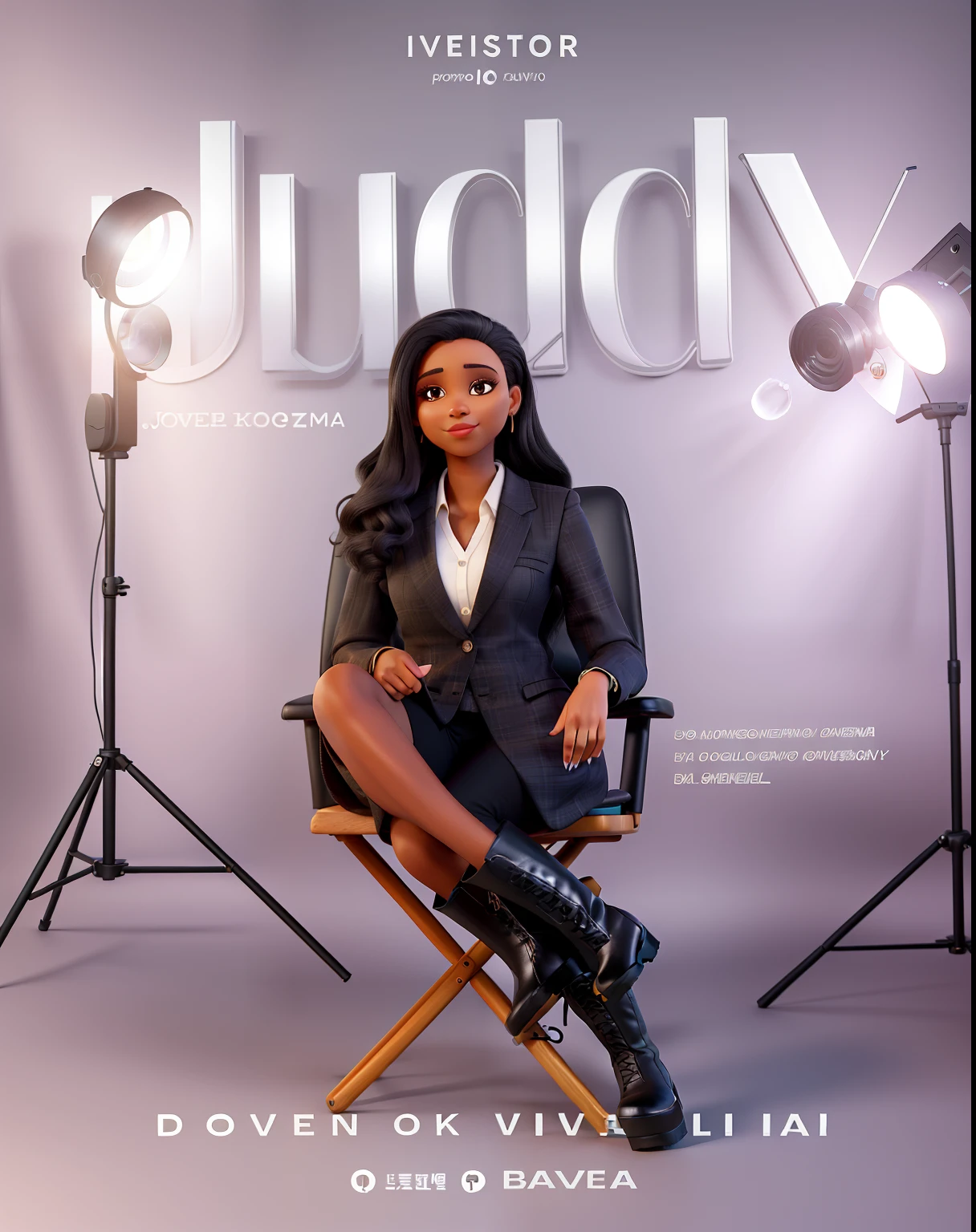 Jovem mulher mulata, On a photo shoot wearing long black boots, fundo iluminado, Blazer decotado, makeup feito, roupa com grande decote, olhar firme e forte, roupa de veludo