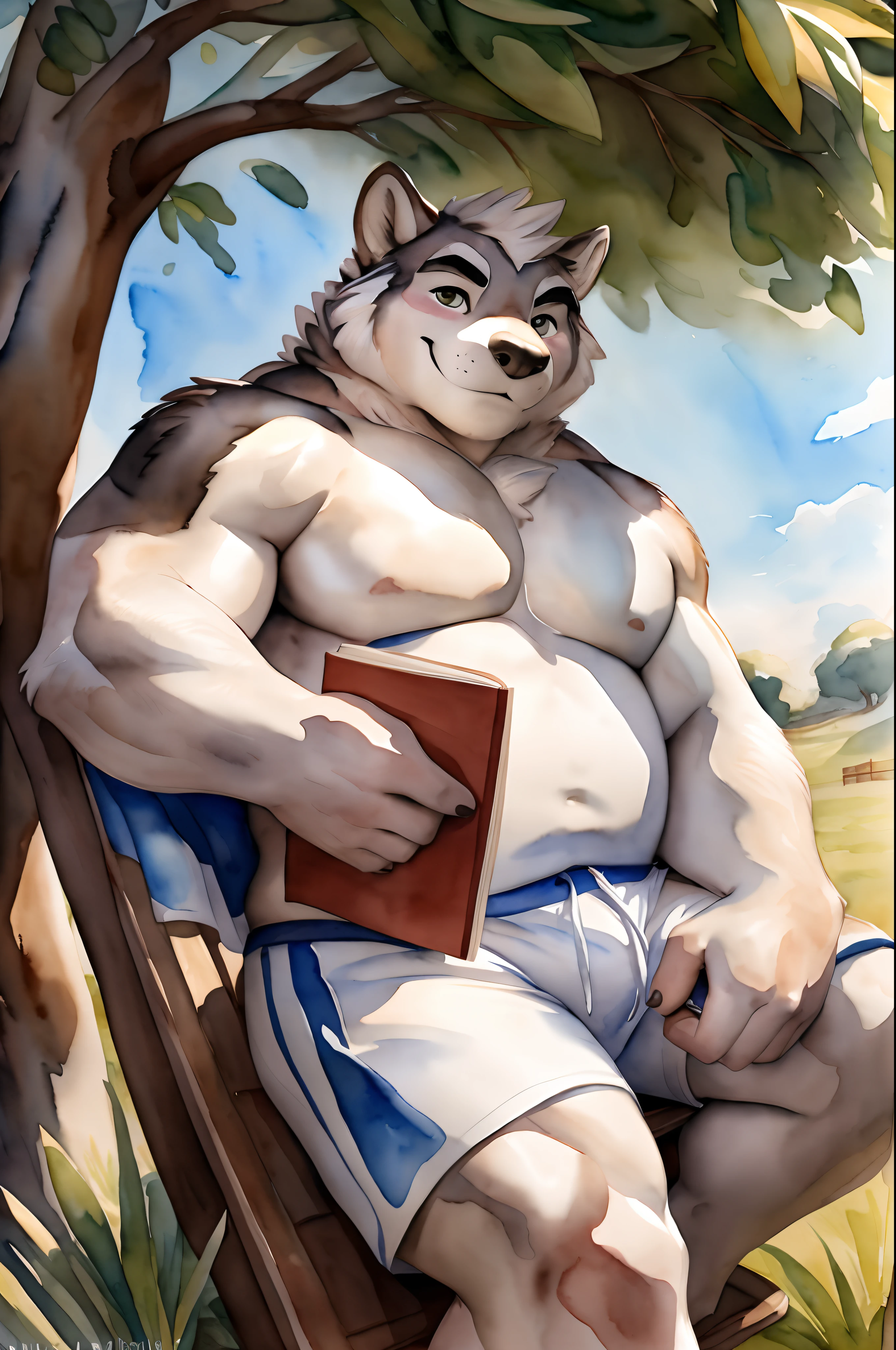Hominidae, Pose for Camera. 4K, high resolution, Best quality, posted on e621, (Solo:1.2), anthropomorphic wolf, male people, 16 yaers old, Thick eyebrows, White fur, Strong body, large pecs, ((Shirtless)), White sports shorts, Small raised, Pink milk clusters, Leaning against a big tree, Holding a book, grassy fields, Dappled light and shadow, (sport, Muscular, Heavyweight:1.2), ((Sit in the shade)), Solo, Correct anatomy, (White background, Watercolor background:1.1), (by Chunie, author:Taran Fidler:0.8), (Detailed eyes:1.2), Sexy, (cel-shaded:1.2), cartoon shading, (aquarelle:1.2), Smile, Be red in the face, (view the viewer:1.2), Bright eyes, Front view