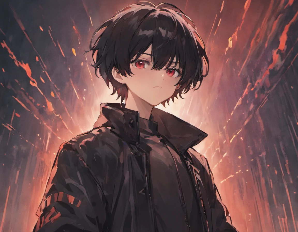 One guy、short-haired black-haired、Black eyes、Wearing a black jacket、Looking here、There is a red aura、Shadows under the eyes