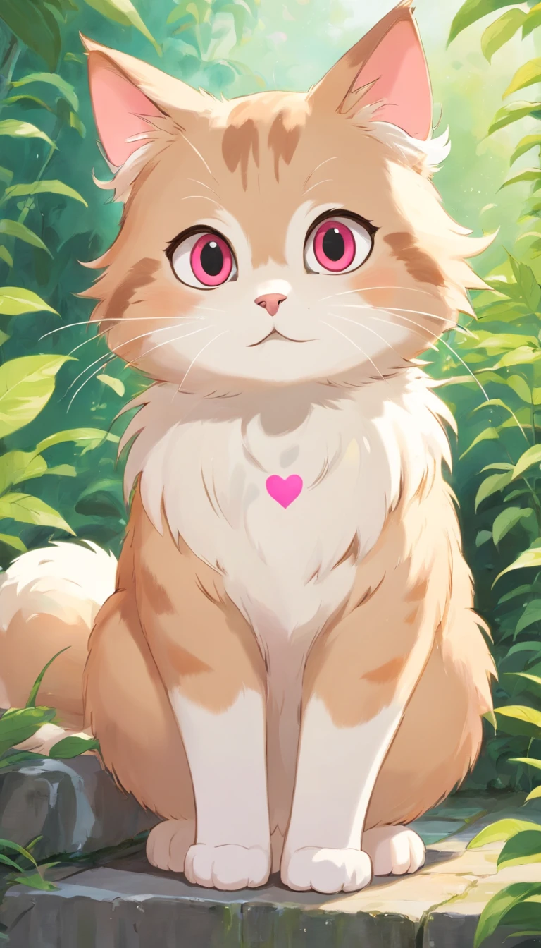 a cute little cat、Big eyes,It's a bit of a hang、white colors、Thick fur、background is simple,There is only one color、A pink heart is painted on the cheek、Laughing