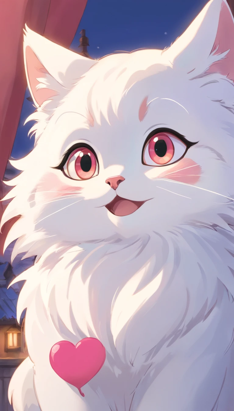 a cute cat、Big eyes,It's a bit of a hang、white colors、Thick fur、background is simple,There is only one color、A pink heart is painted on the cheek、Laughing